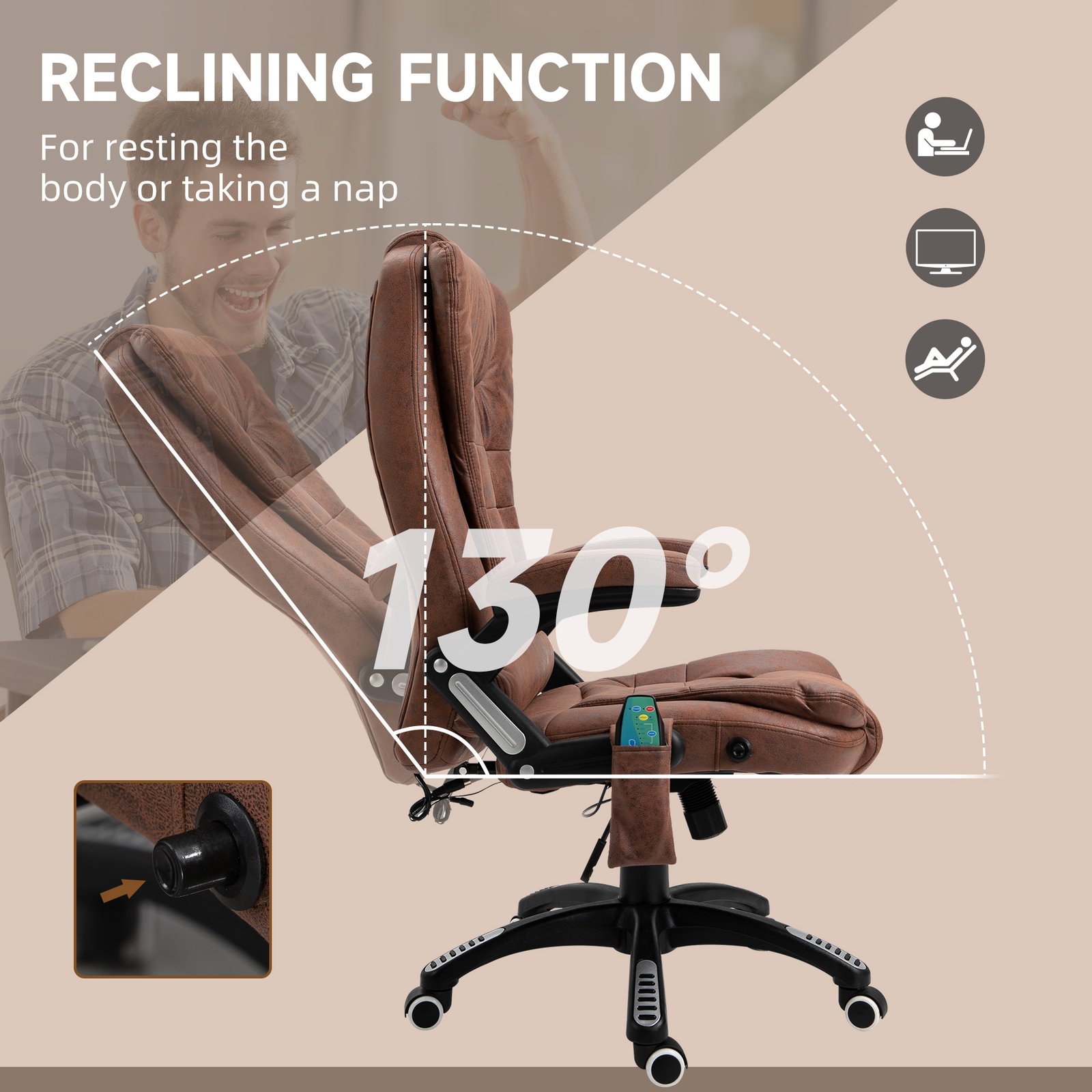Vinsetto Massage Recliner Chair Heated Office Chair with Six Massage Points Microfiber Cloth 360° Swivel Wheels Brown - Image 7