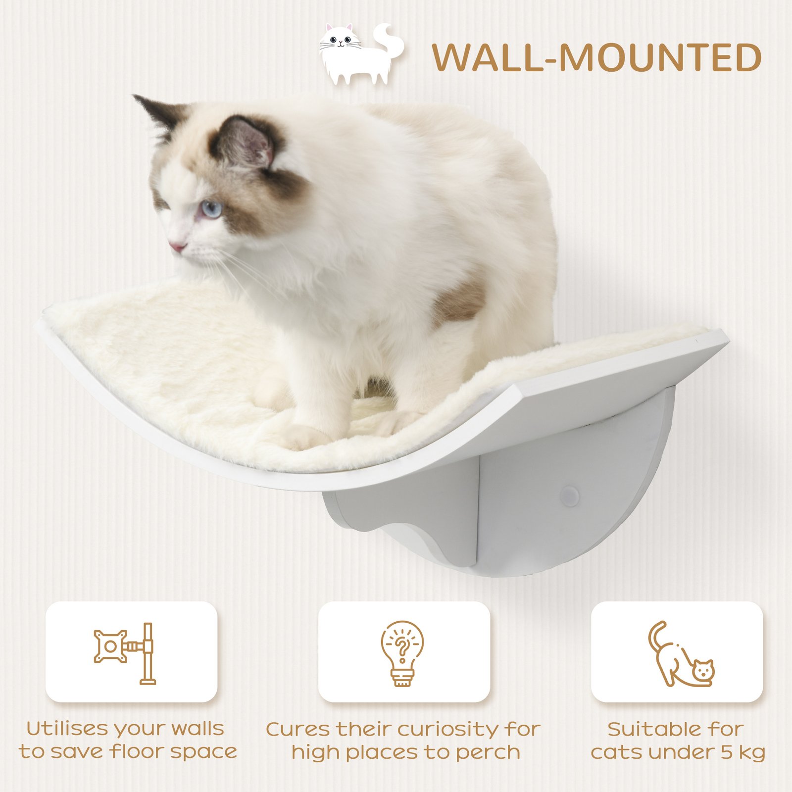 PawHut Wood Cat Shelves, Wall-Mounted Cat Shelter, Curved Kitten Bed Perch Climber Furniture 41 x 28 x 21cm White - Image 4