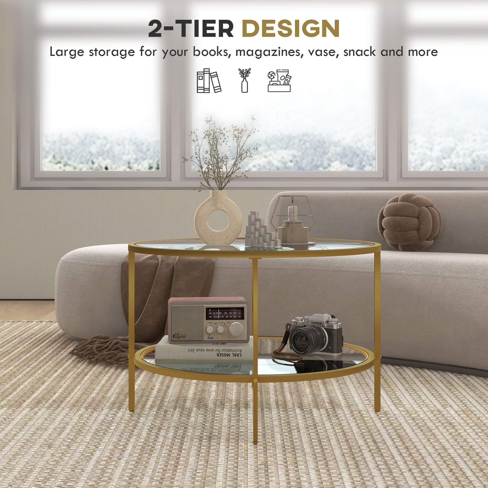 HOMCOM Round Coffee Table with Storage, 2-Tier Tempered Glass Coffee Table with Steel Frame for Living Room, Gold Tone - Image 4