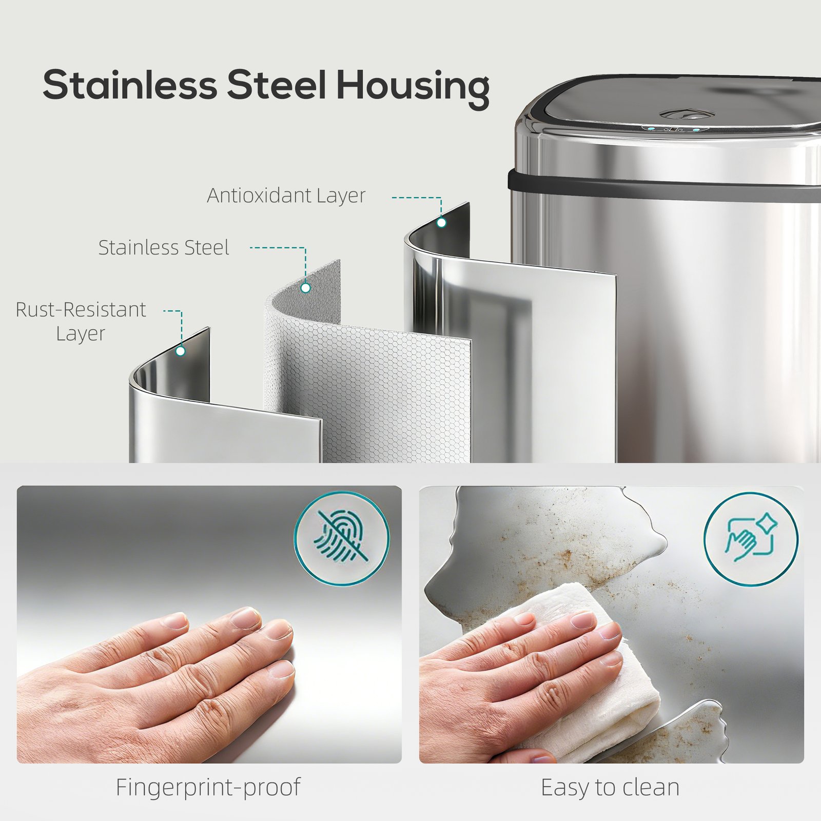 HOMCOM 50L Stainless Steel Sensor Bin - Silver Tone - Image 8