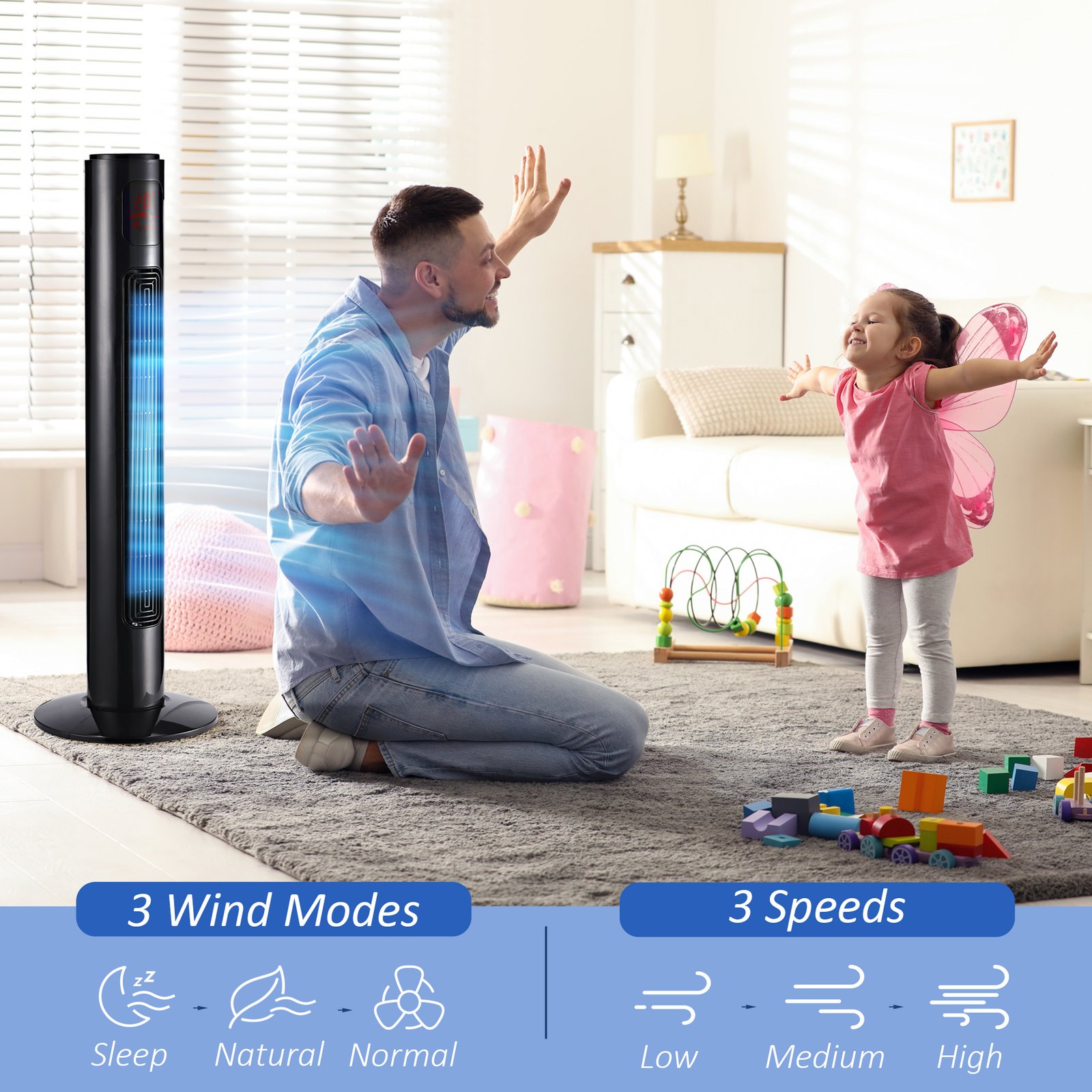 HOMCOM 38'' Freestanding Tower Fan, 3 Speed 3 Mode, 12h Timer, 70 Degree Oscillation, LED Panel, 5M Remote Controller, Black - Image 5