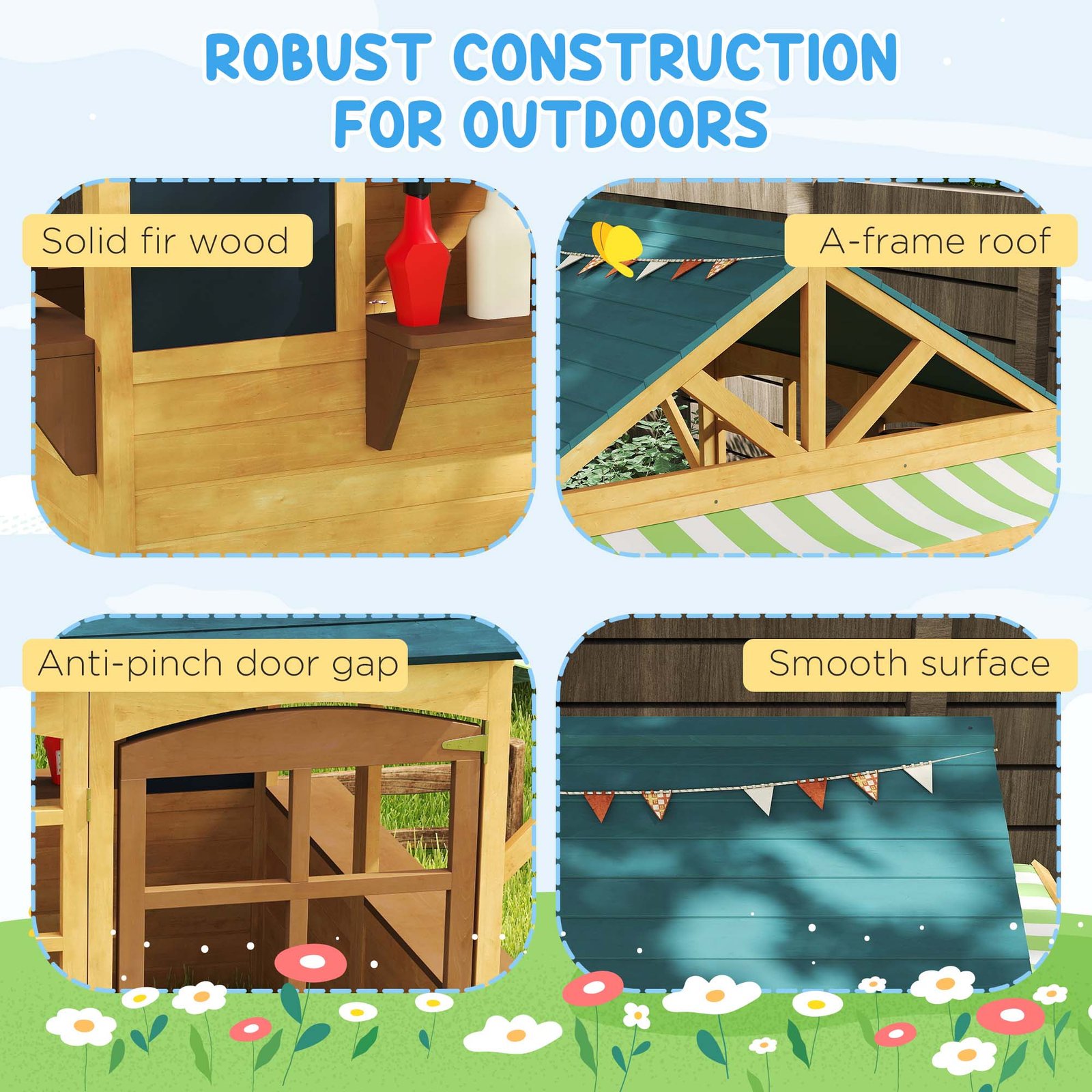 AIYAPLAY Wooden Playhouse for Kids, Foldable Wendy House with Windows, Working Door, Service Stations, Rain Covers, Brown - Image 7