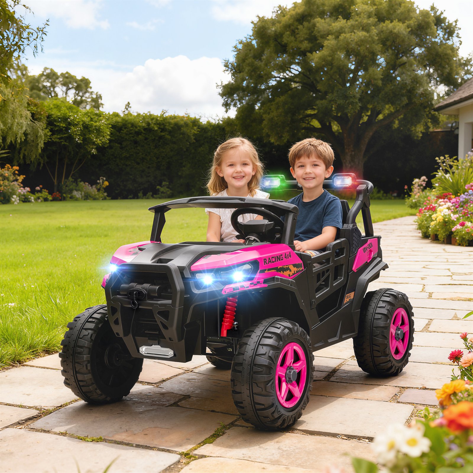 AIYAPLAY 24V Electric Ride on Car, 2-Seater Electric Car for Kids with Remote, Bluetooth, Soft Start, Suspension Spring, Pink - Image 2