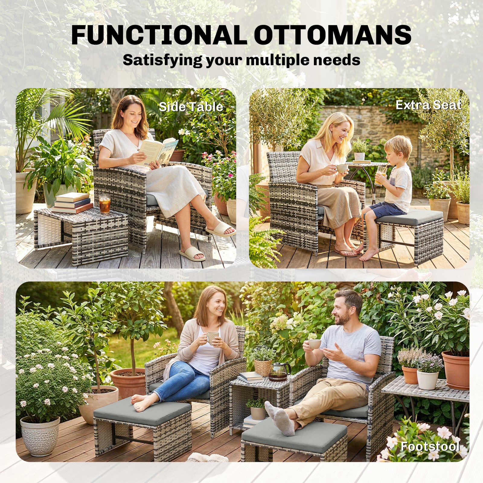 Outsunny 6 Piece Rattan Garden Furniture, Space-Saving Patio Furniture Set with Nesting Tables, Chairs, Stools, Cushions, Grey - Image 7