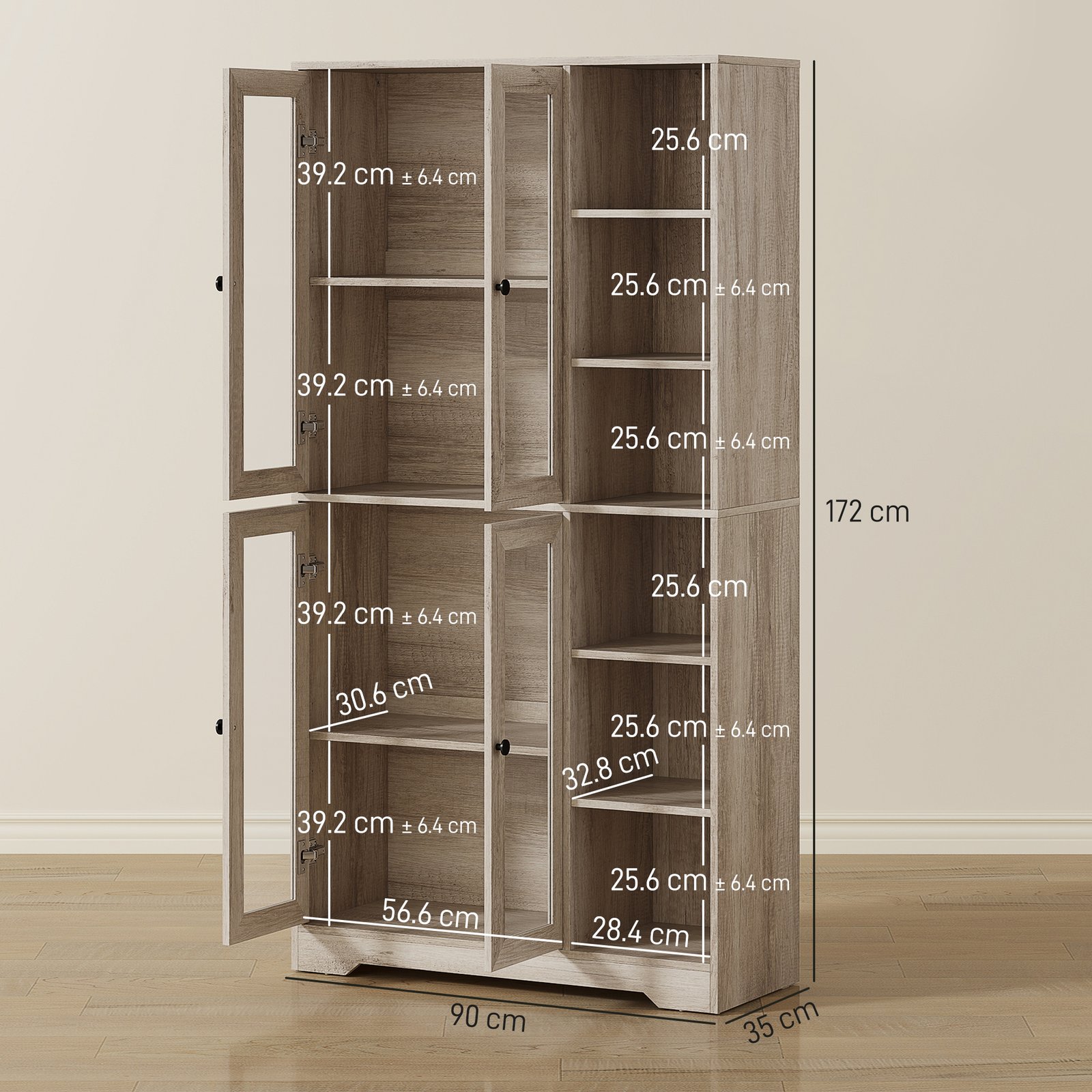 HOMCOM Multi-Storage Kitchen Cabinet, with Glass Doors - Grey Wood-Effect - Image 3