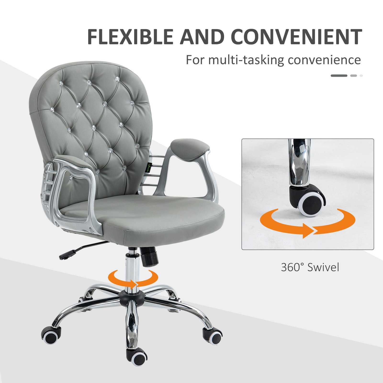 Vinsetto Office Chair Ergonomic 360° Swivel PU Diamante Padded Base 5 Castor Wheels for Home Work Grey - Image 6