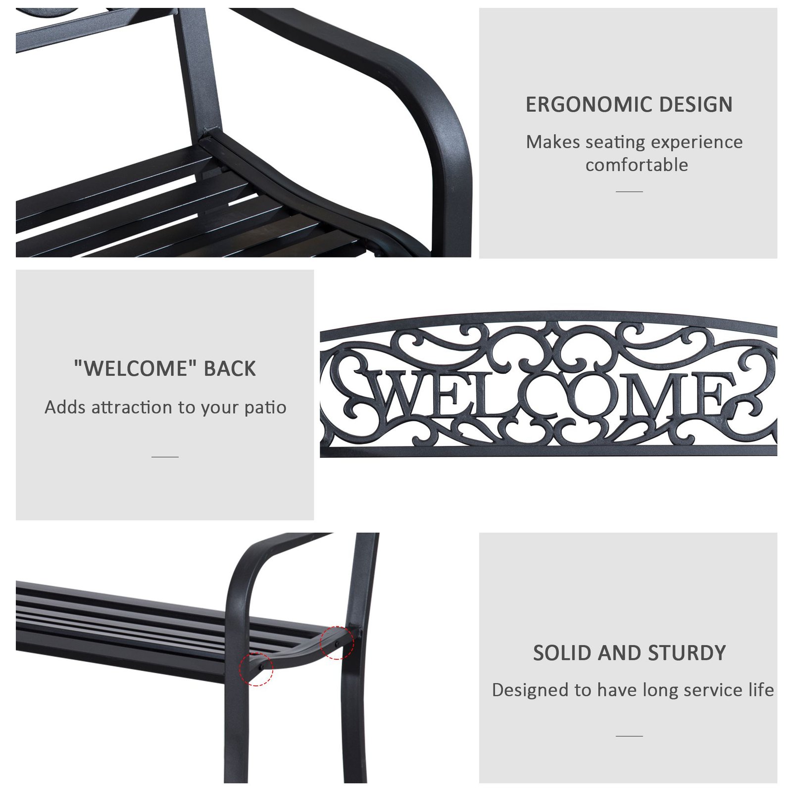 Outsunny 126Lx60Wx85H cm Steel Bench-Black - Image 5