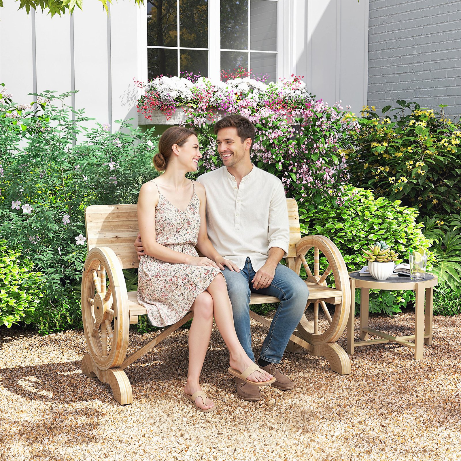 Outsunny Fir Wood 2-Seater Outdoor Garden Wagon Wheel Bench, Natural Wood Finish - Image 2