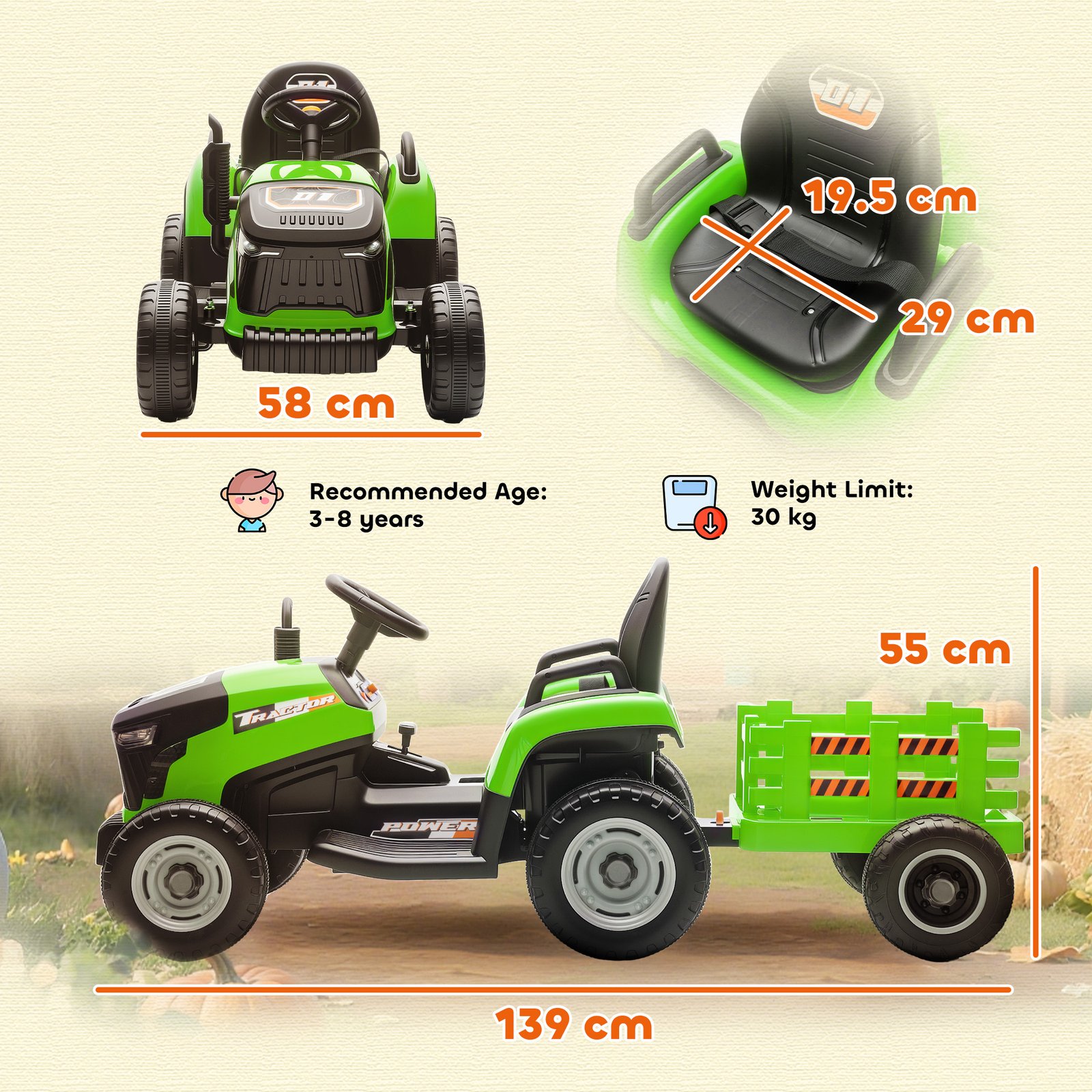 AIYAPLAY 12V Ride on Tractor and Trailer with Remote Control, Music, Shifter, Start-Up Sound, for Kids Ages 3-8 Years, Green - Image 3