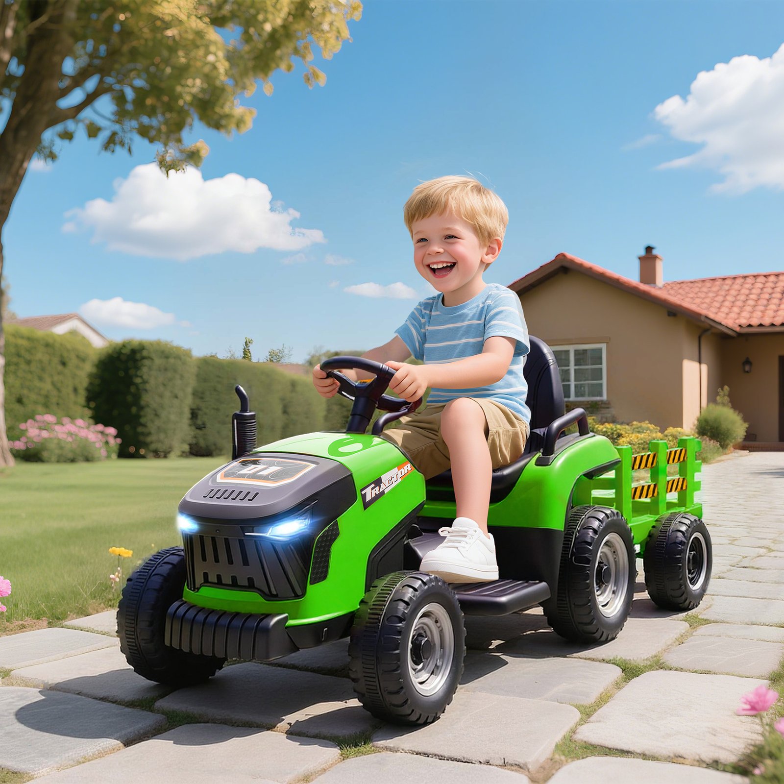 AIYAPLAY 12V Ride on Tractor and Trailer with Remote Control, Music, Shifter, Start-Up Sound, for Kids Ages 3-8 Years, Green - Image 2
