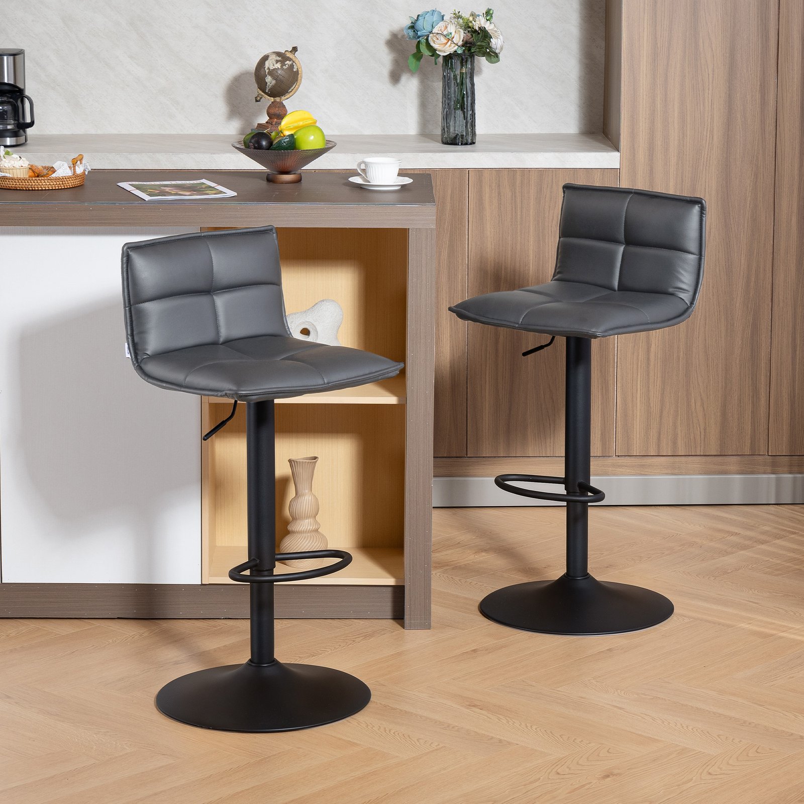 HOMCOM Set of Two Modern Faux Leather Bar Stools - Dark Grey - Image 2