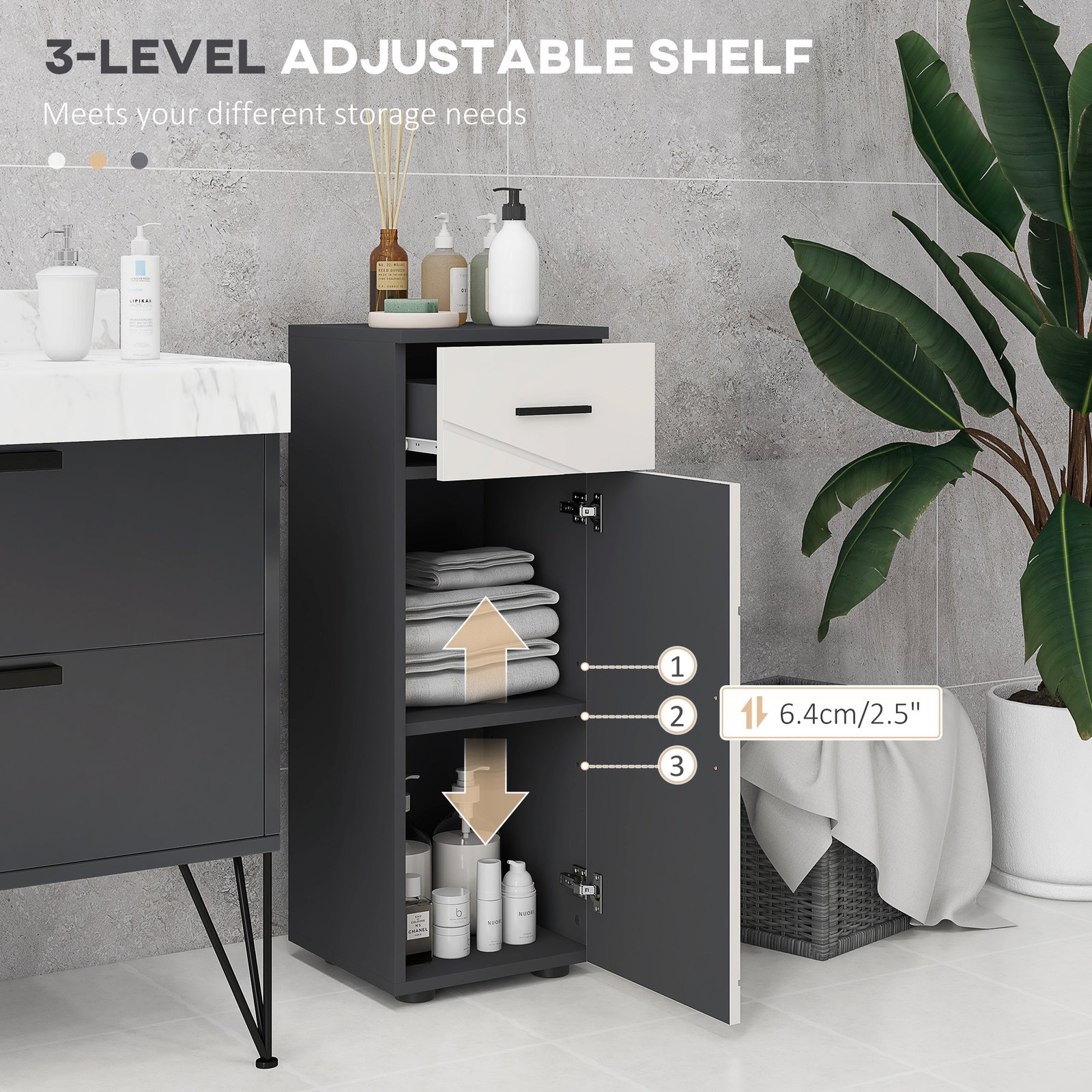kleankin Slim Bathroom Cabinet, Narrow Bathroom Storage Cabinet with Drawer, Door Cupboard, Adjustable Shelf and Soft Close Mechanism, Grey - Image 5