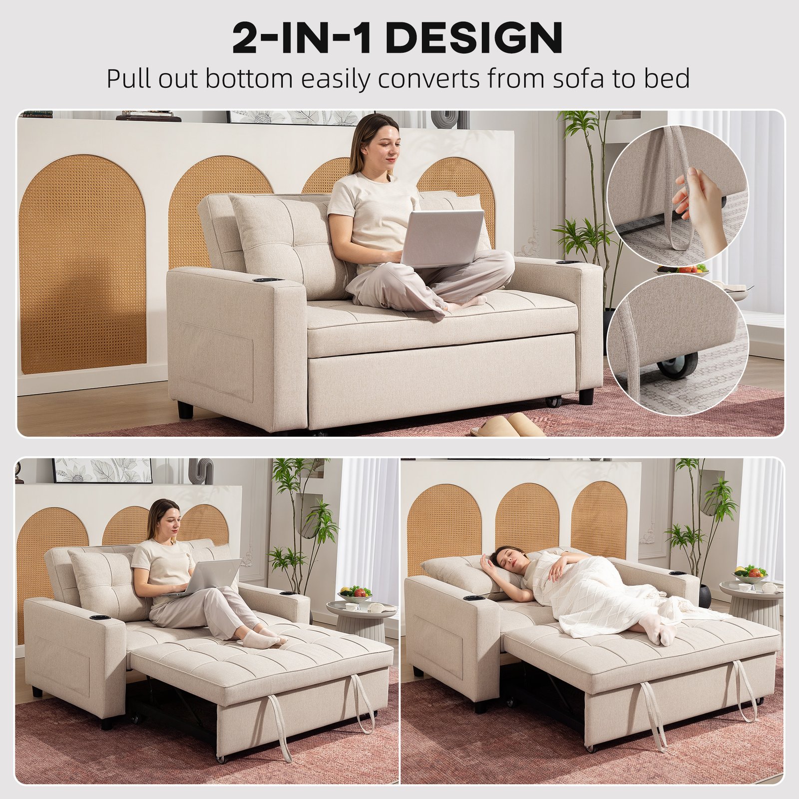 HOMCOM Two-Seater Pull-Out Sofa Bed - Beige - Image 4