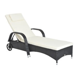 Outsunny Rattan Sun Lounger, Garden Lounger Recliner with Wheels and Adjustable Backrest, Outdoor Reclining Sunbed Garden Chair with Cushion and Headrest for Patio, Beach, Terrace, Black