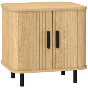 HOMCOM Bedside Table, Nordic Side Table with Roller Shutter Style Sliding Doors and Metal Legs for Bedroom, Living Room, Oak Tone