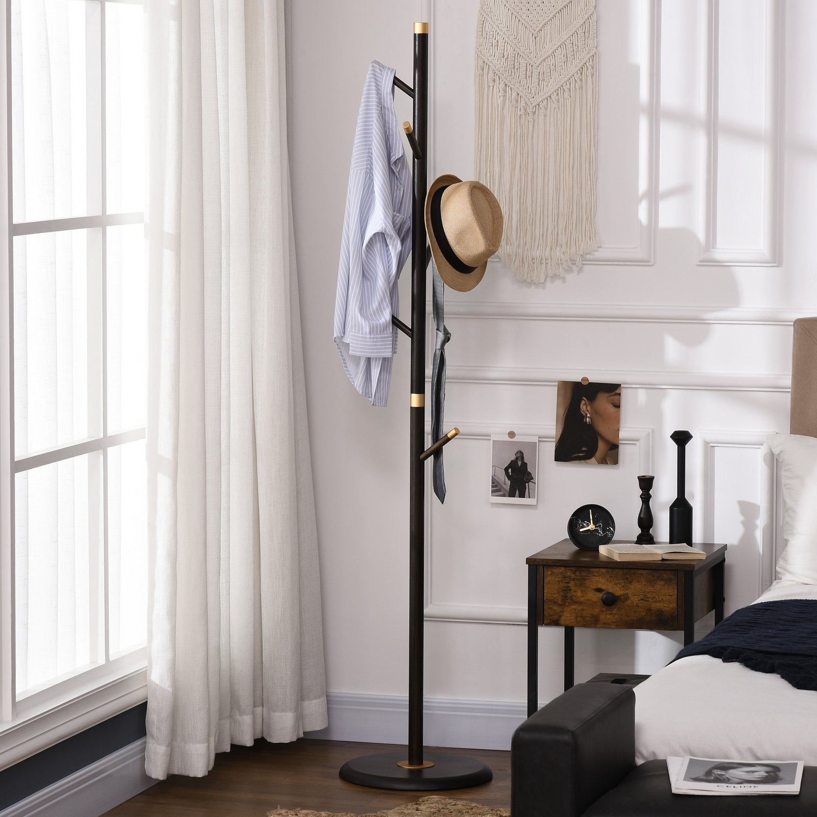 HOMCOM Vintage Coat Rack Stand Freestanding Hall Tree with 6 Hooks Bamboo Frame for Entryway Hallway Bedroom Walnut - Image 2