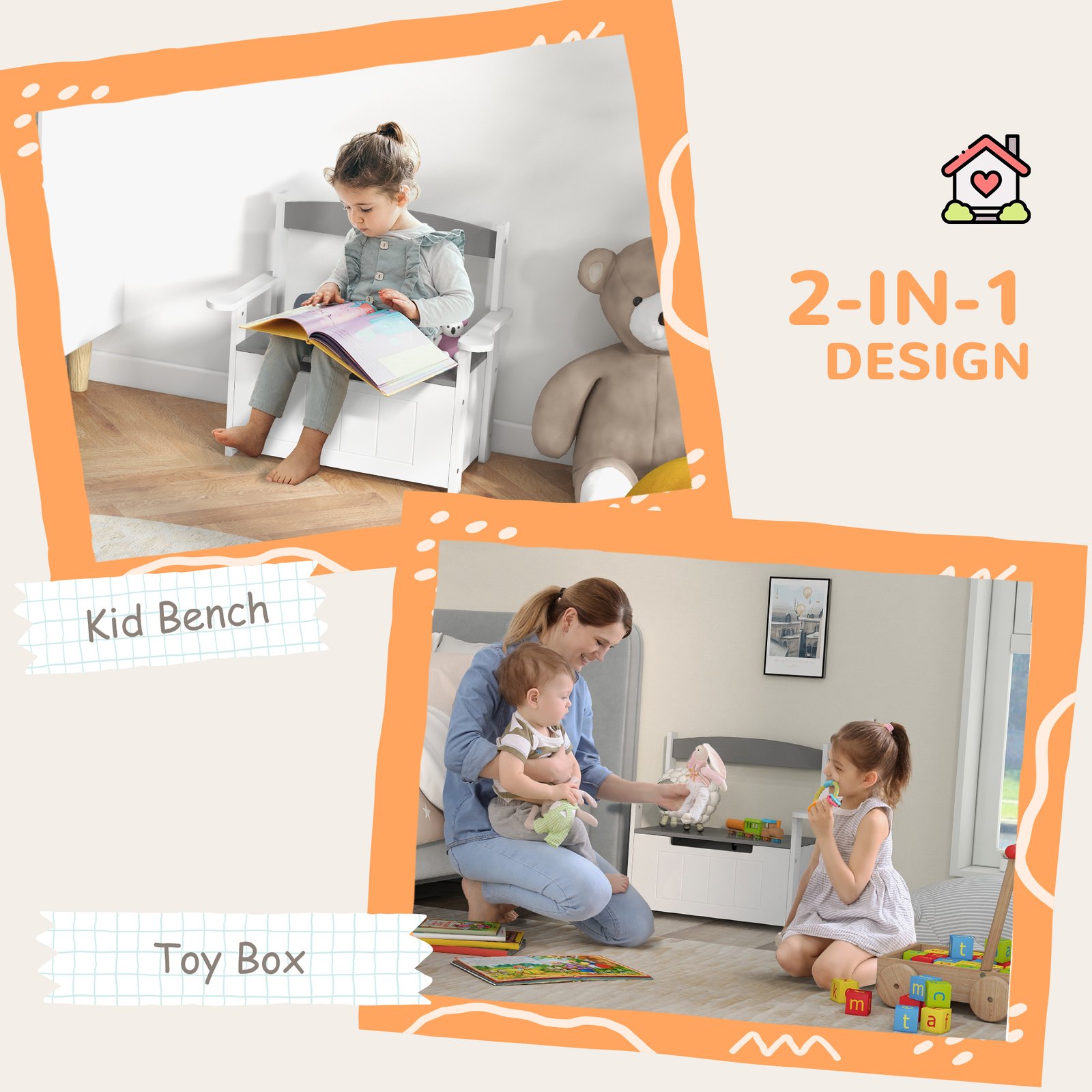 AIYAPLAY 2-in-1 Toy Box for Kids with Lid for Bedroom, Nursery, Playroom, Grey - Image 4