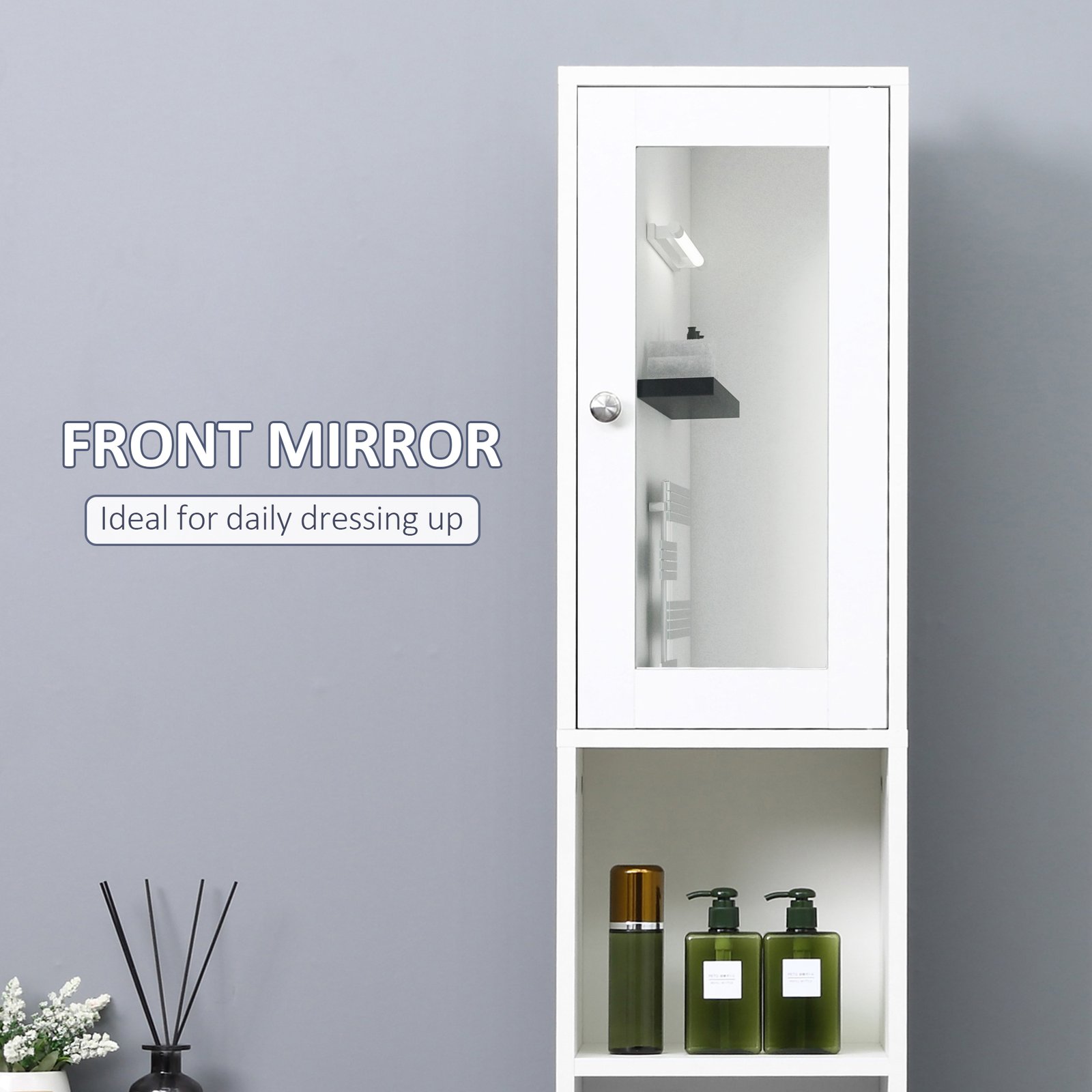 kleankin Tall Bathroom Storage Cabinet with Mirror, Freestanding Floor Cabinet Tallboy Unit with Adjustable Shelves, White - Image 6