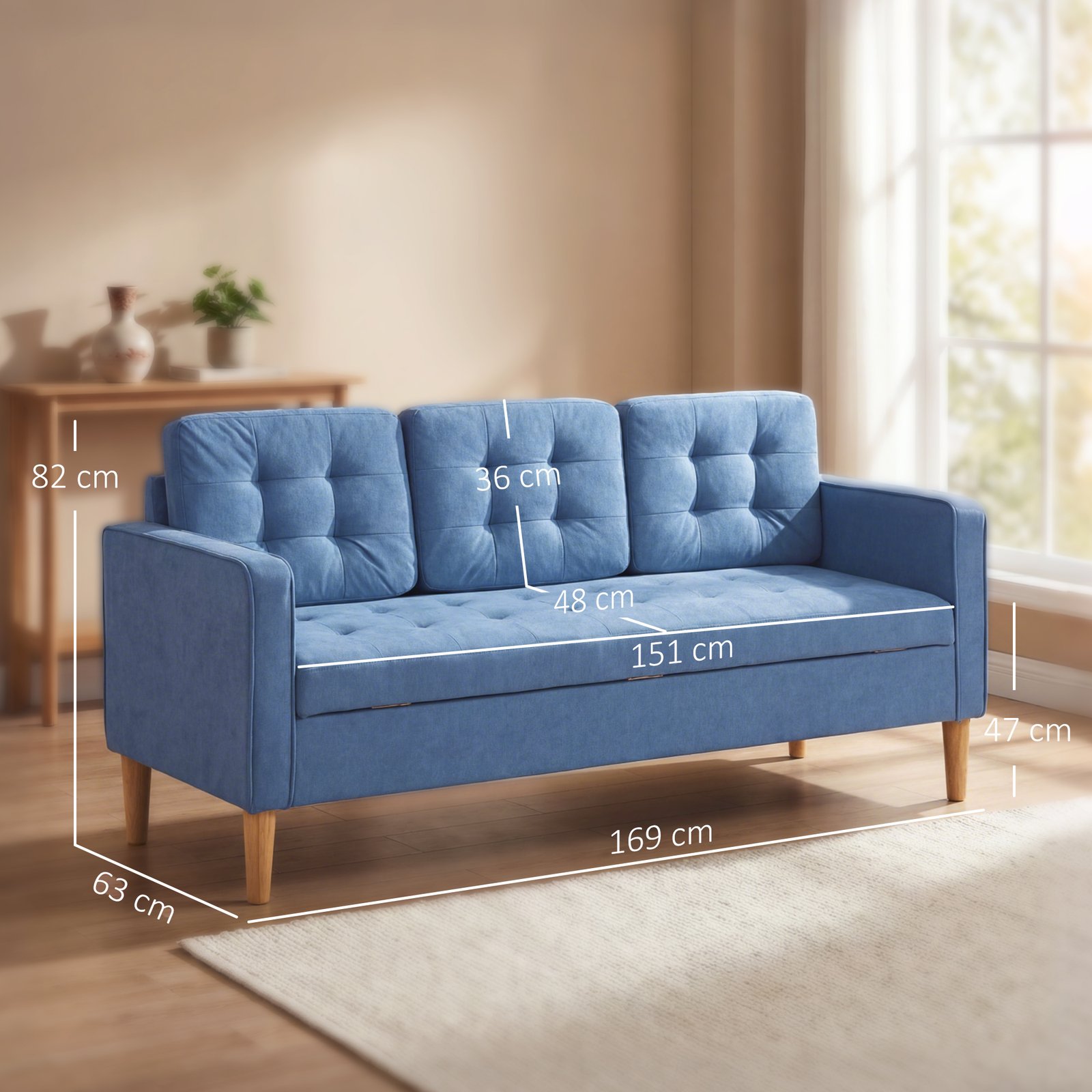 HOMCOM 3 Seater Sofa, 169cm Couch with Hidden Storage, Wood Legs, Blue - Image 3