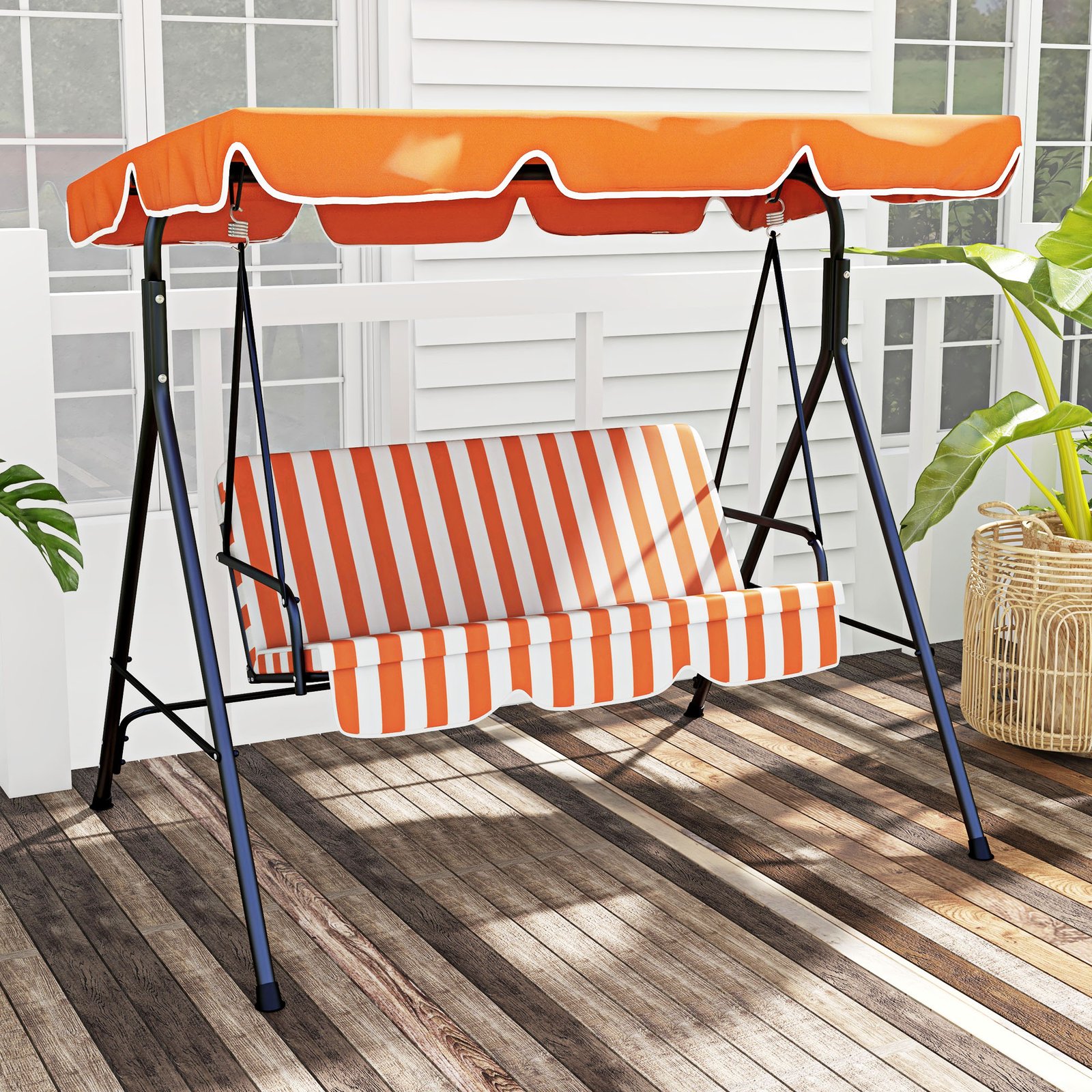 Outsunny 3 Seater Garden Swing Chair, Outdoor Swing Chair with Adjustable Canopy, Mental Frame & Cushions, Orange - Image 2
