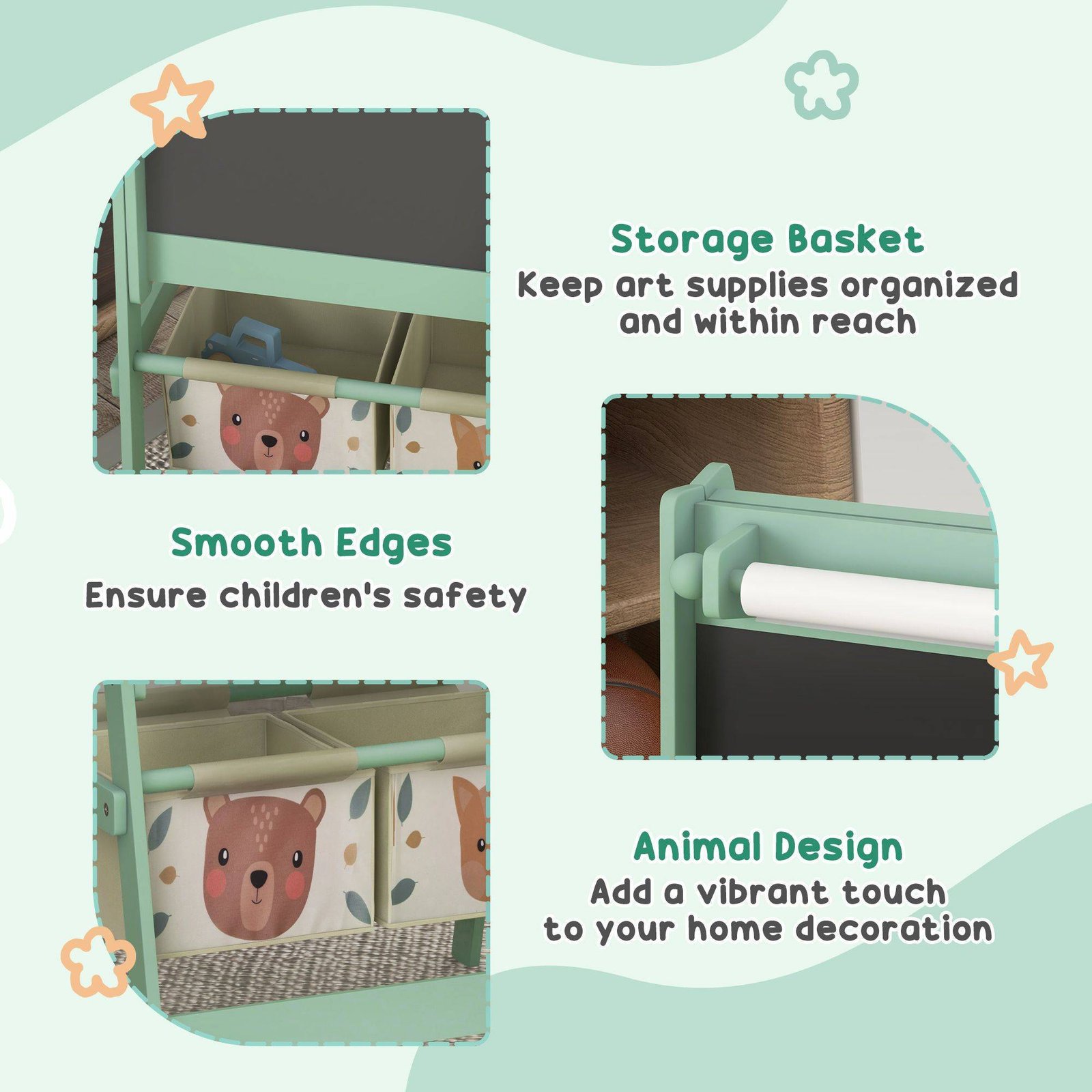 ZONEKIZ Kids Table and Chair Set and Kids Easel with Paper Roll, Storage Baskets, Kids Activity Furniture Set, Green - Image 6