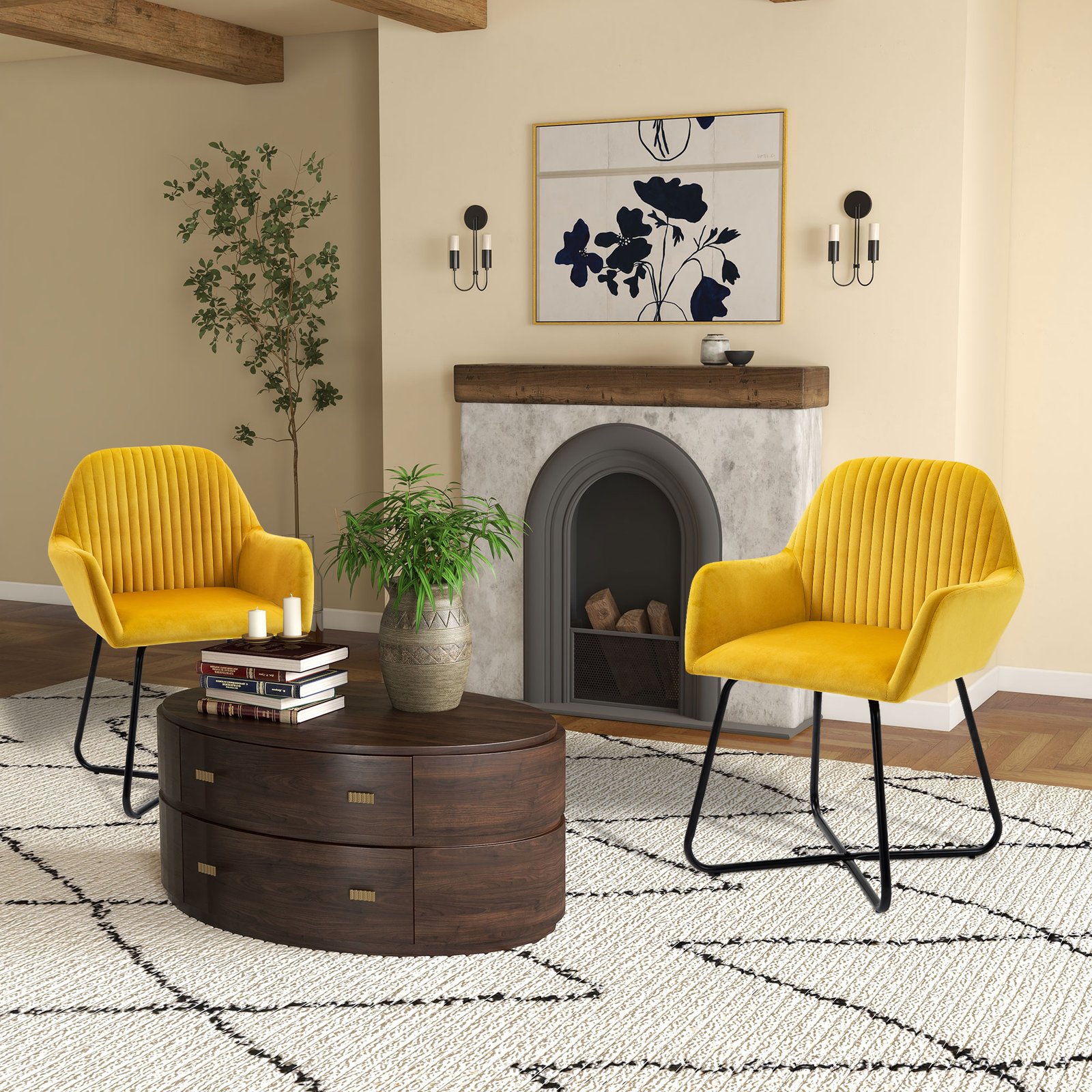 HOMCOM Velvet-Feel Plisse Back Accent Chair - Yellow - Image 2
