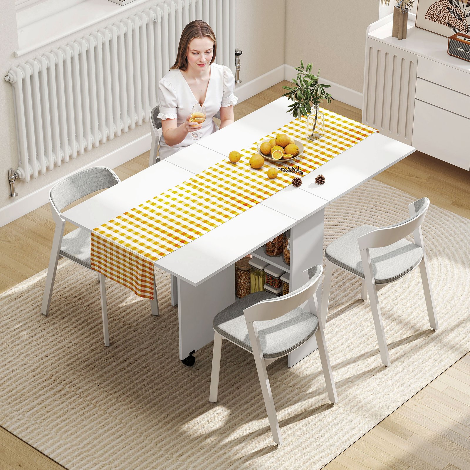 HOMCOM Folding Dining Table, Drop Leaf Table with 2-Tier Shelves, Rolling Casters, for Small Spaces, Kitchen, White - Image 2