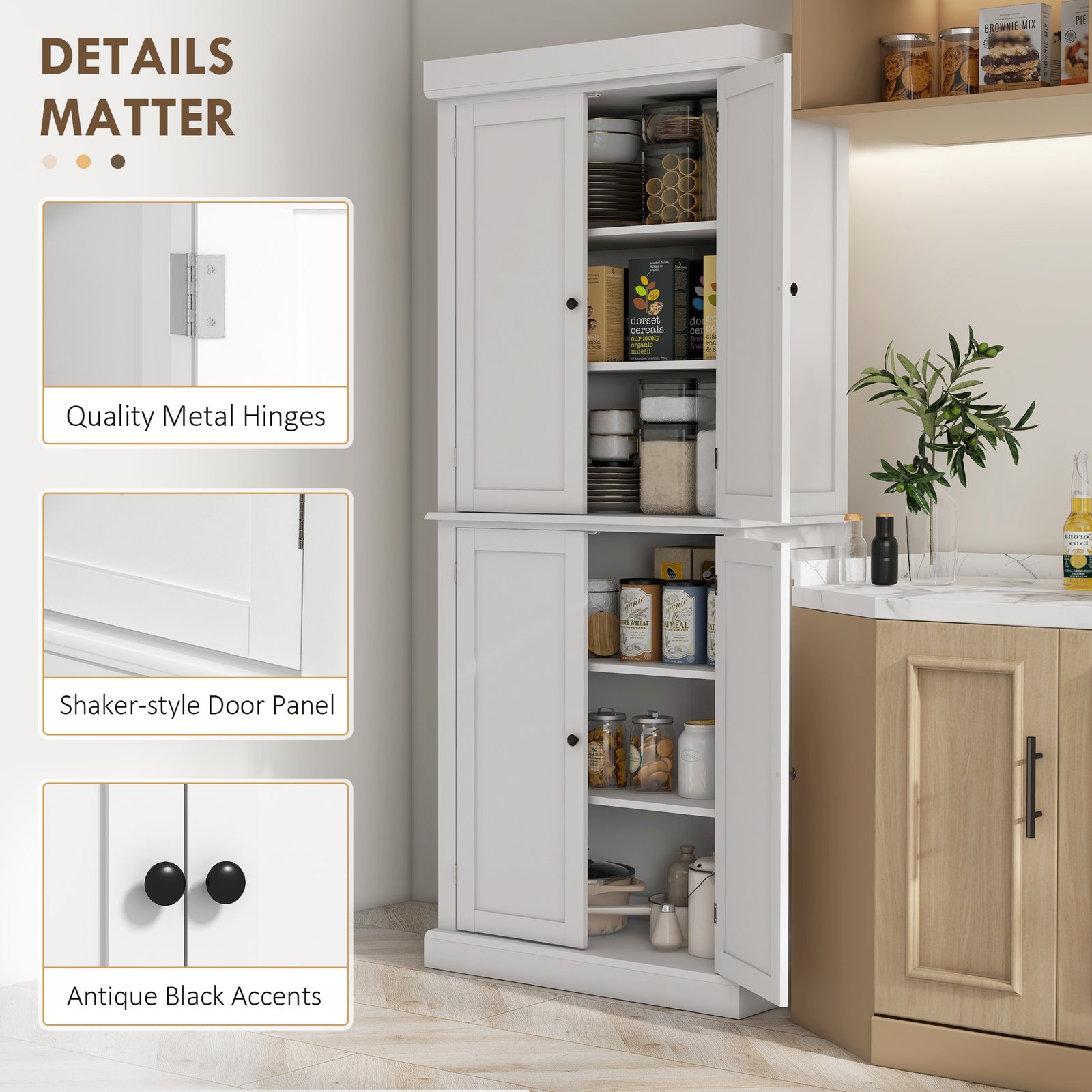 HOMCOM Freestanding Kitchen Cupboard with 4 Doors, Storage Cabinet with 6-Tier Shelving and 4 Adjustable Shelves, White - Image 7