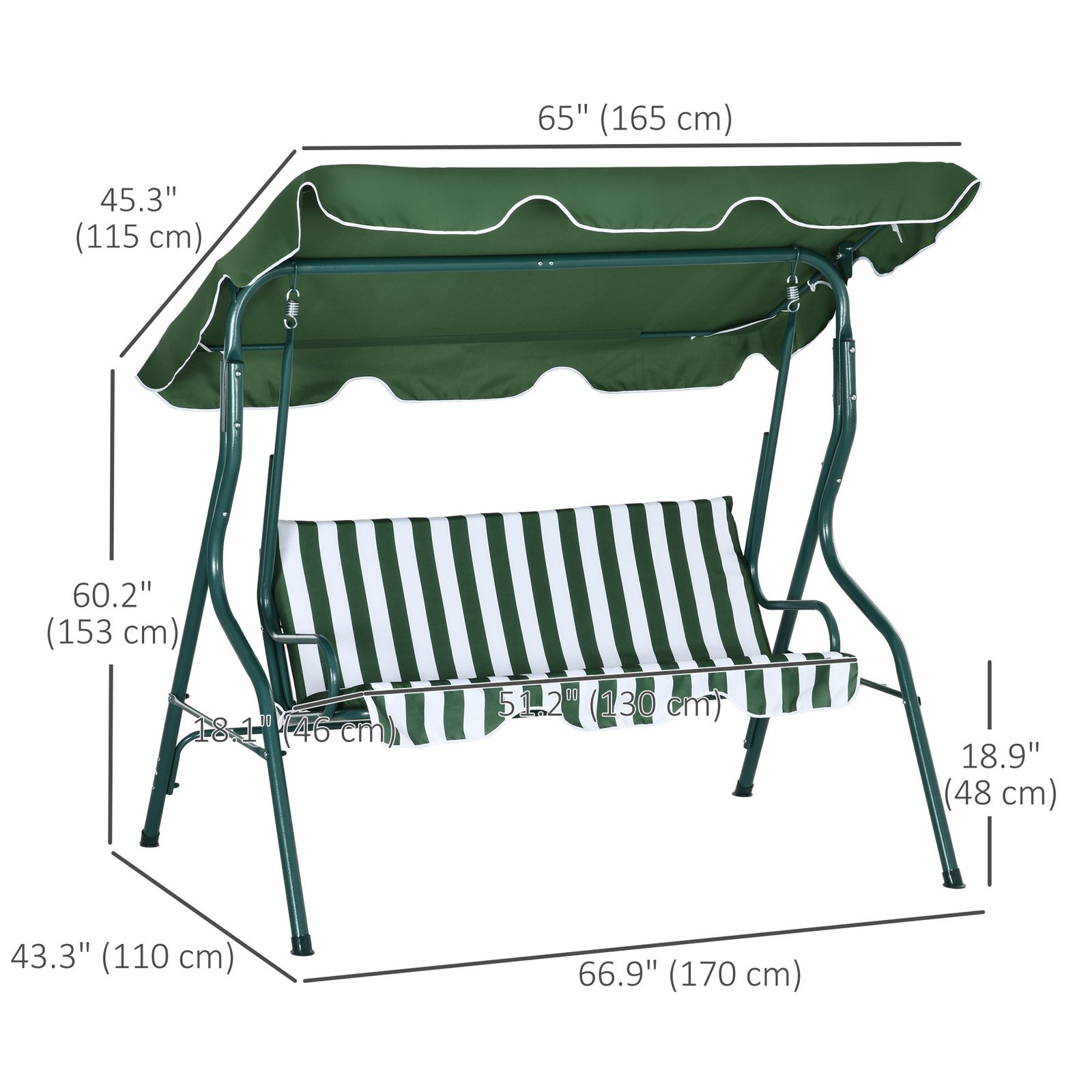 Outsunny 3 Seater Garden Swing Seat Chair Outdoor Bench with Adjustable Canopy and Metal Frame, Green Stripes - Image 3