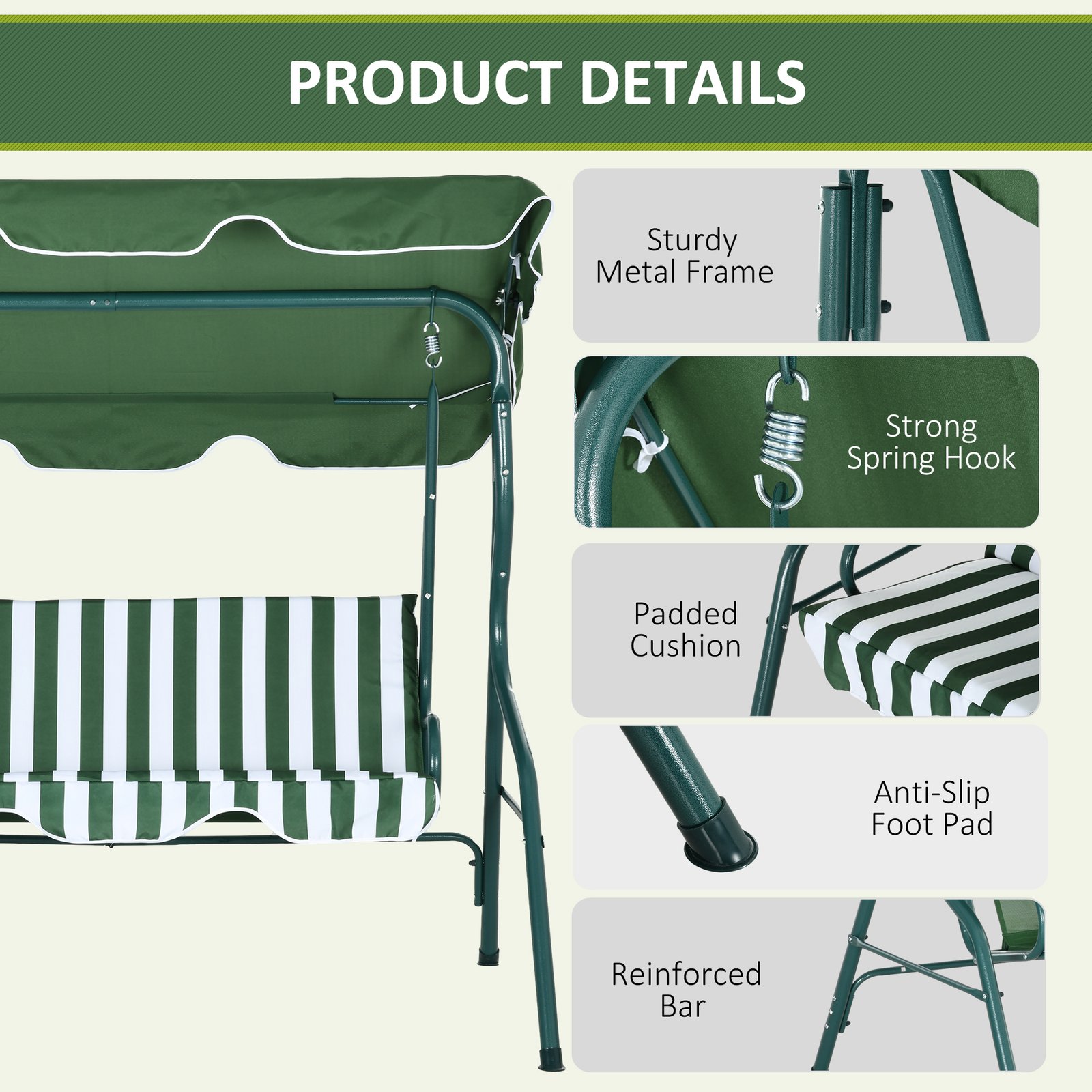 Outsunny 3 Seater Garden Swing Seat Chair Outdoor Bench with Adjustable Canopy and Metal Frame, Green Stripes - Image 5