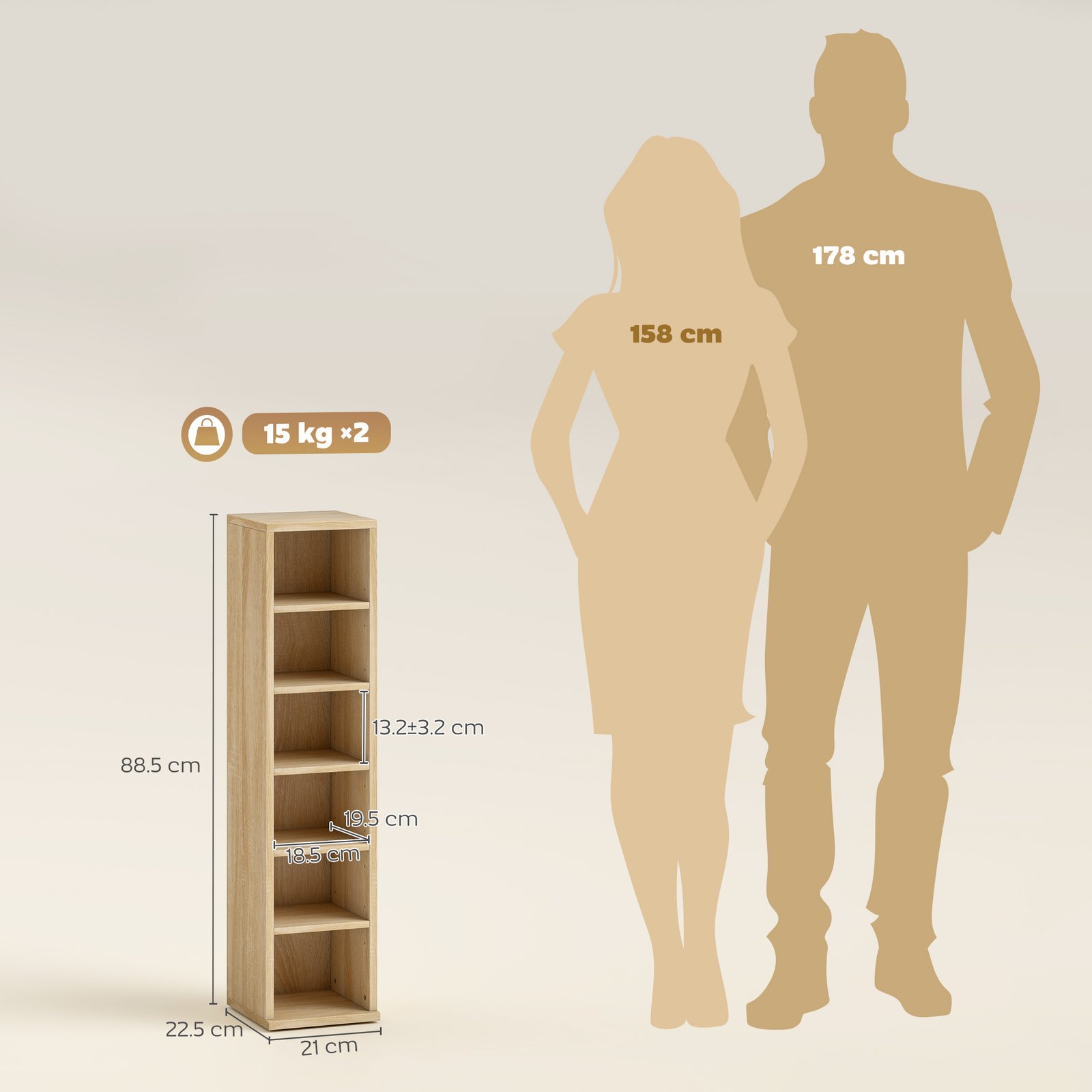 HOMCOM Set of 2 CD Media Display Shelf Unit Tower Rack with Adjustable Shelves, Oak - Image 3
