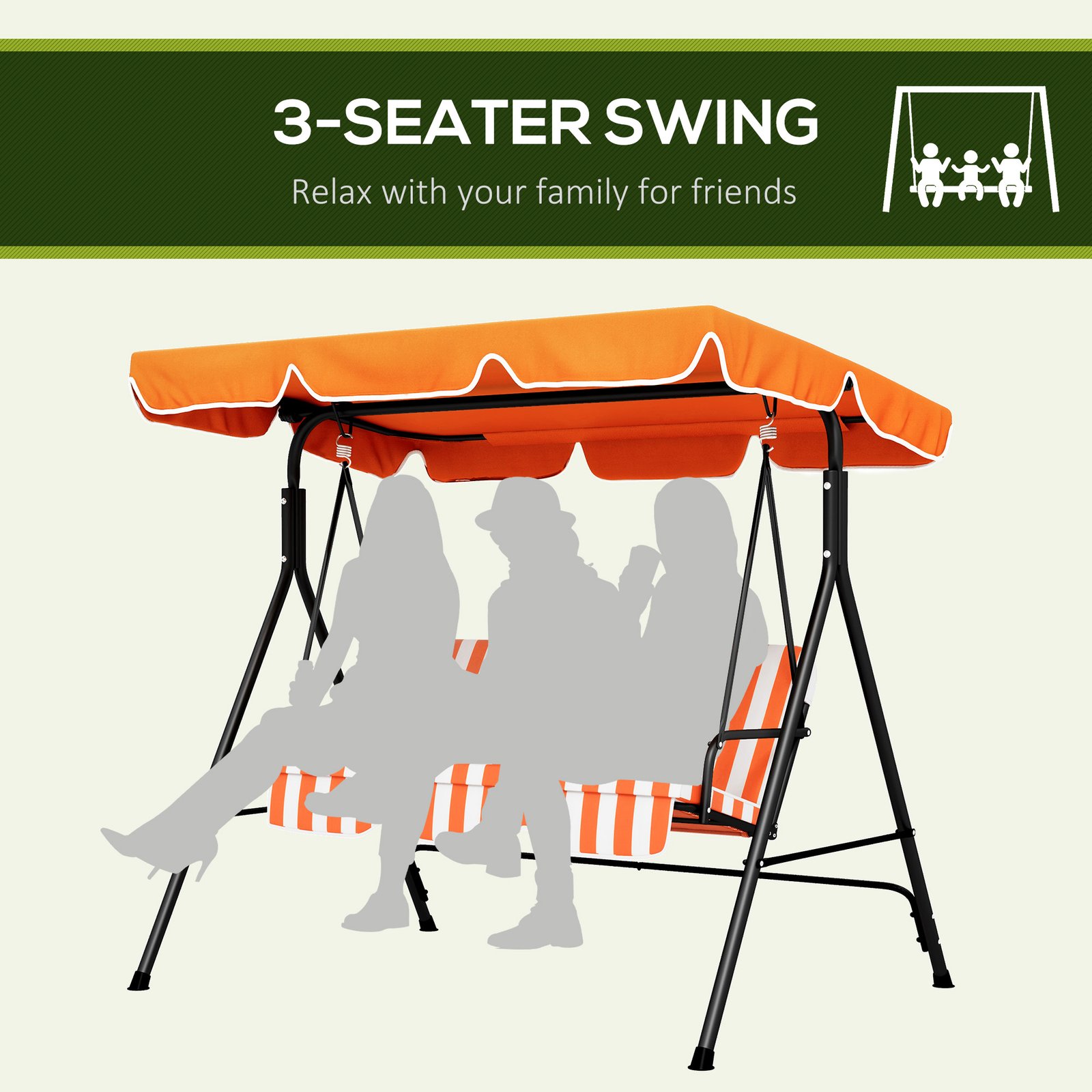 Outsunny 3 Seater Garden Swing Chair, Outdoor Swing Chair with Adjustable Canopy, Mental Frame & Cushions, Orange - Image 6