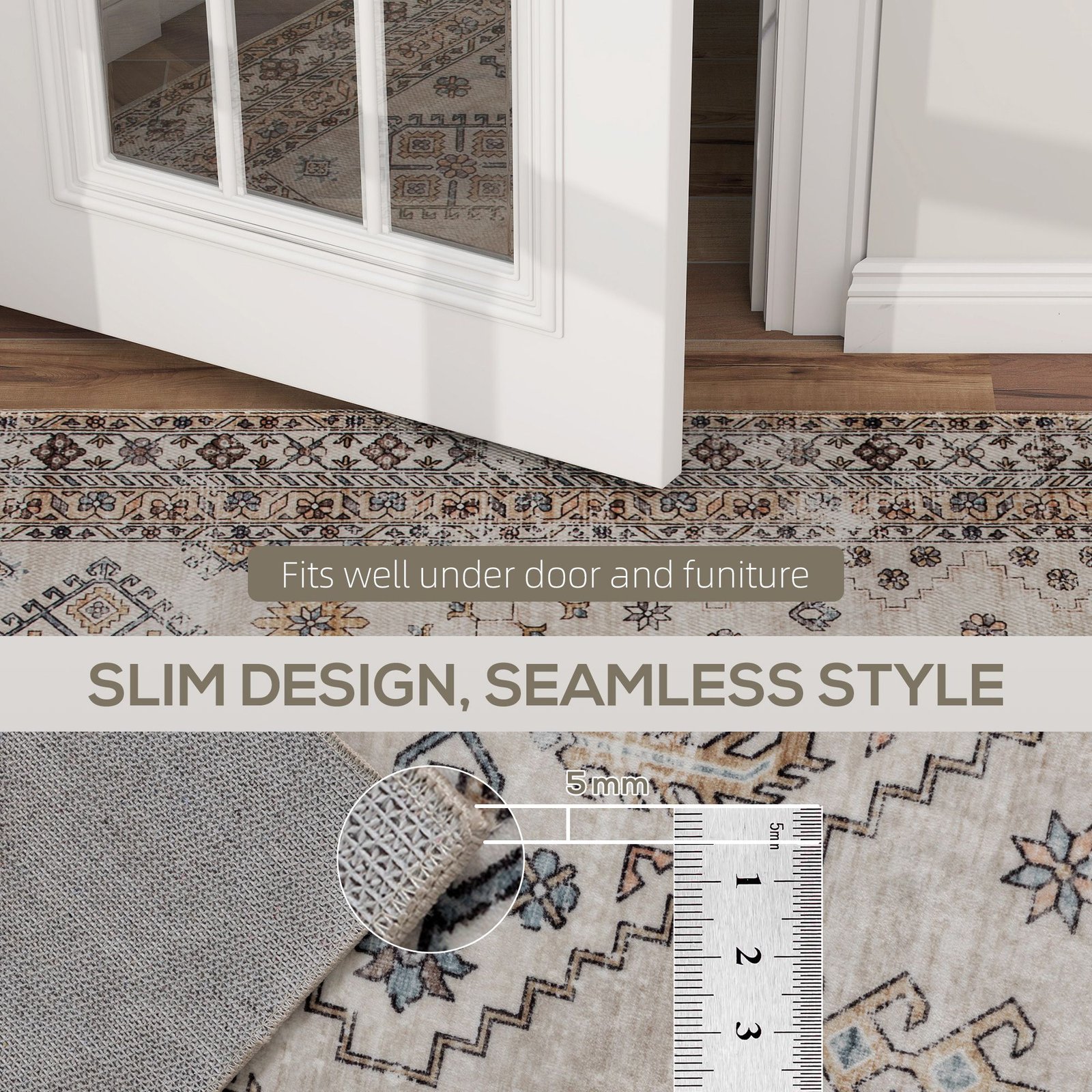 HOMCOM Vintage Area Rug, Non-Slip Washable Rug, Flannel Floor Carpet for Living Room, Bedroom, Dining Room, Home Office, 290 x 200 cm, Beige - Image 6