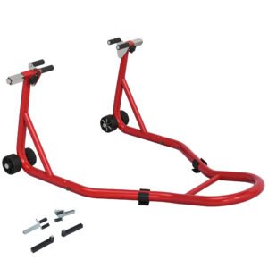 HOMCOM Front Motorcycle Paddock Stand Motorbike Stand with Anti-Slip Mat, Adjustable Pin and Swingarm Spool Adaptors, 200 kg Capacity, for 18", 17" and 10" Tyre, Red