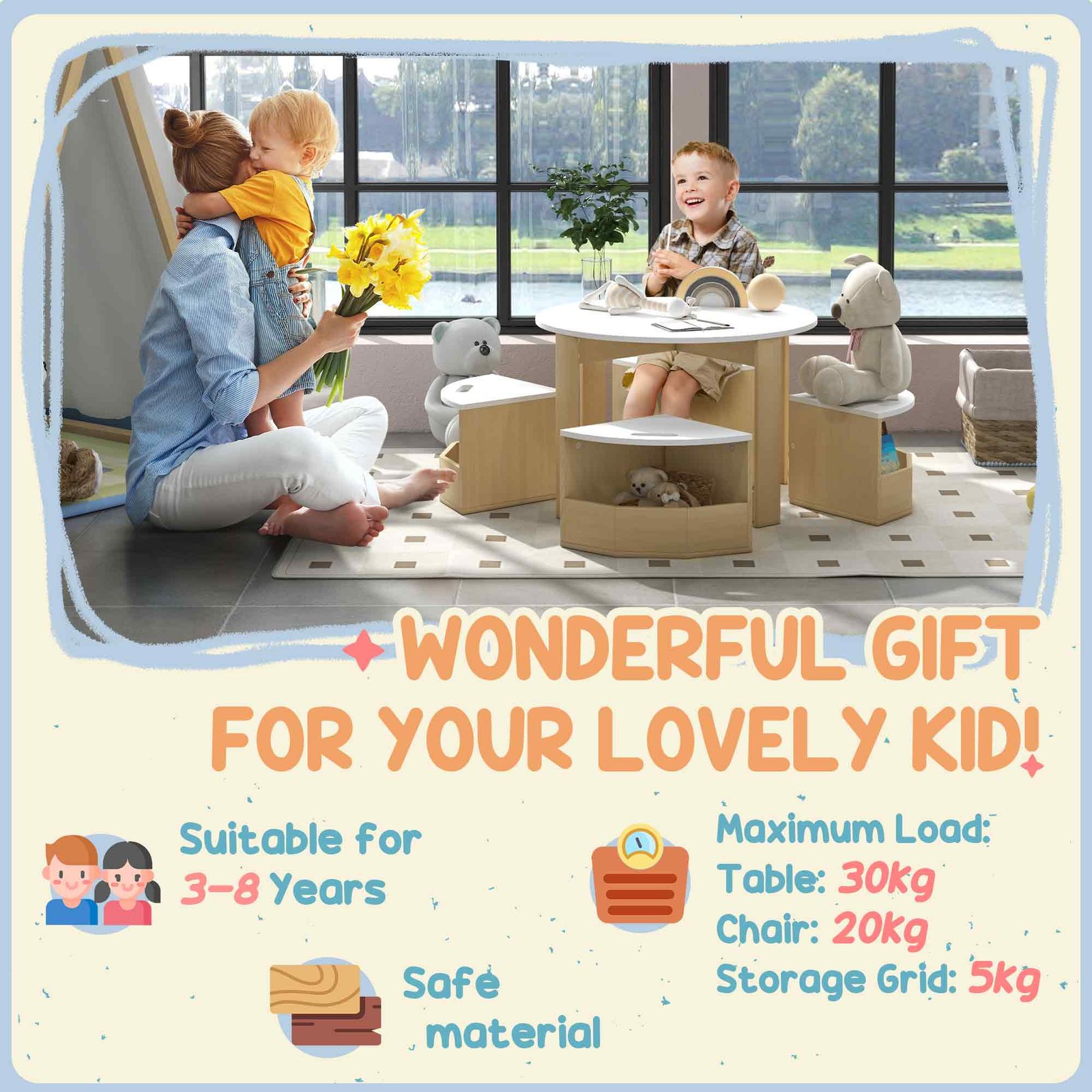 AIYAPLAY Five-Piece Kids Table and Chairs Set with Storage, for Ages 3-8 Years, White - Image 7