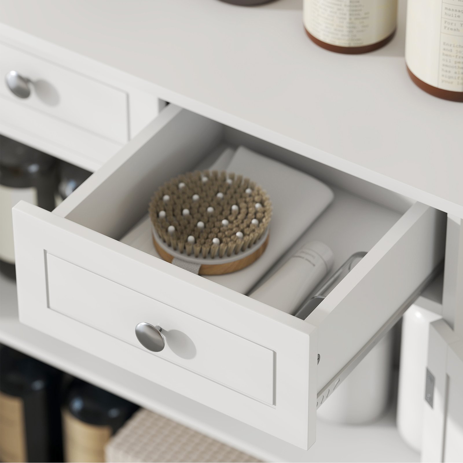 kleankin 75x60cm Freestanding Bathroom Storage Cabinet Unit w/ 2 Drawers Cupboard Adjustable Shelf Metal Handles Traditional Style White - Image 9