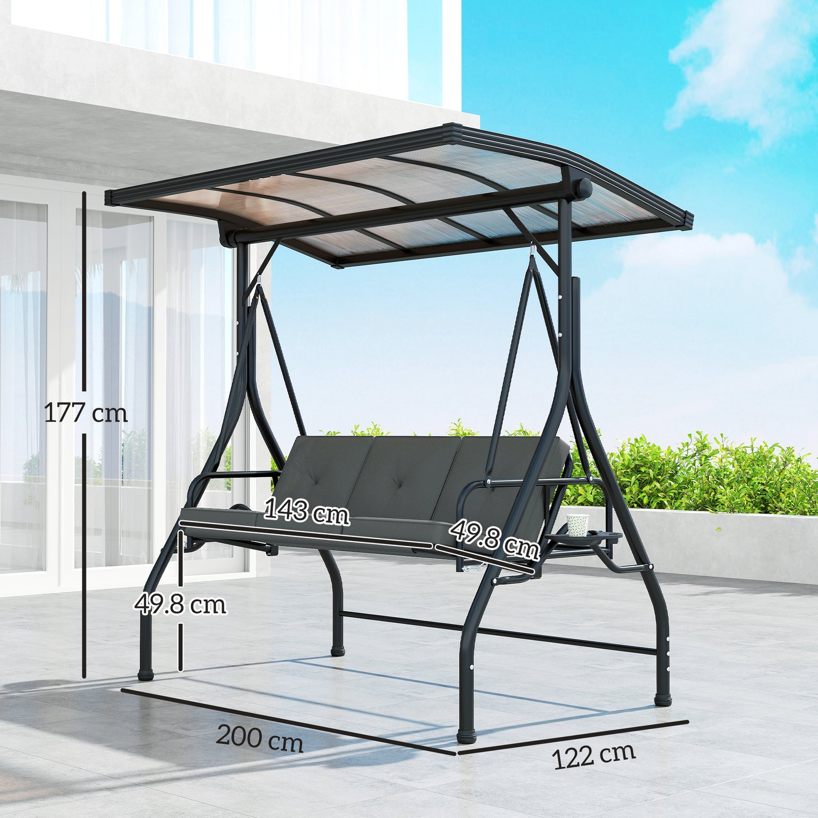 Outsunny Convertible Three-Seater Swing Bench Bed - Dark Grey - Image 3