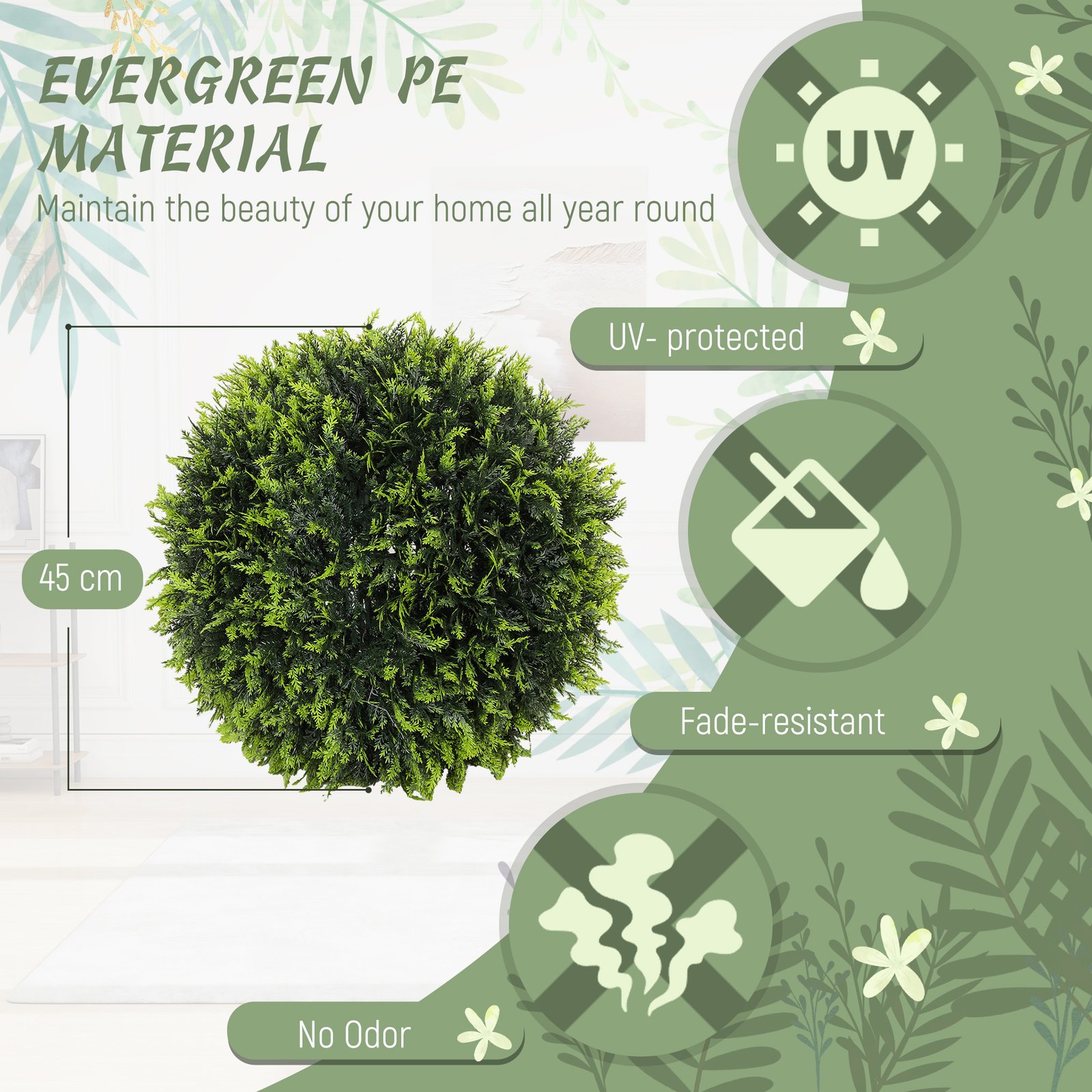 HOMCOM Set of 2 Artificial Plant Topiary Balls, UV-Protected Fake Decorative Plants, Faux Home Indoor Outdoor Decor, 45cm, Green - Image 5