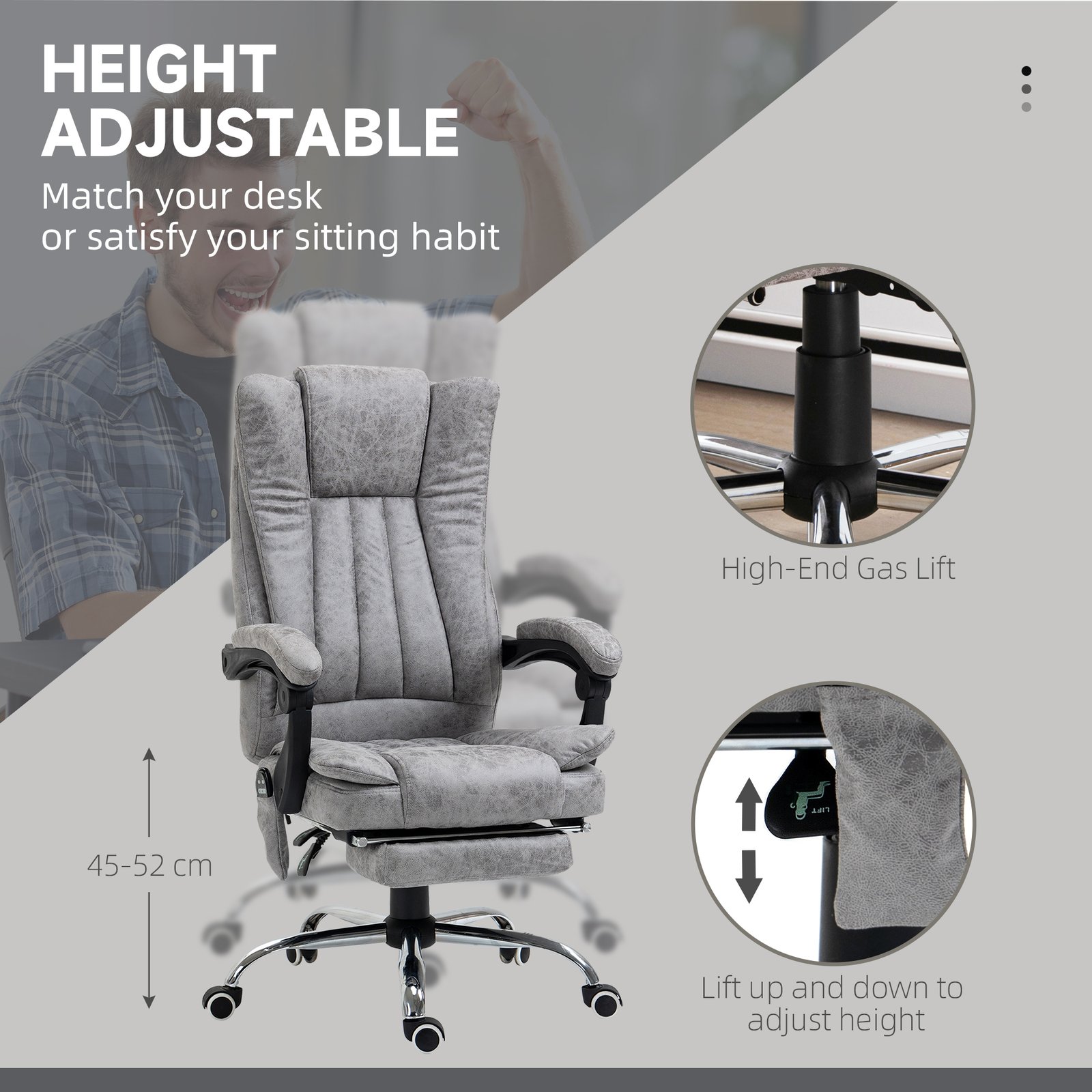 Vinsetto Office Chair with Massage and Heat, Microfibre Reclining Computer Desk Chair with Footrest and Adjustable Height, Swivel Wheels for Home Office, Grey - Image 4
