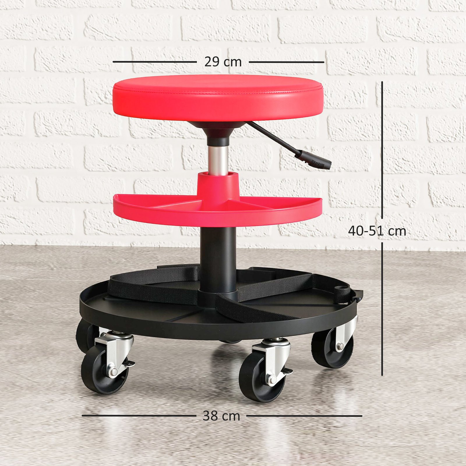 HOMCOM Rolling Mechanic Stool, 135kg Capacity Workshop Stool, 360° Swivel Roller Padded Creeper Seat with Wheels, Tool Trays Storage for Garage, Shop, Auto Repair, Red - Image 3