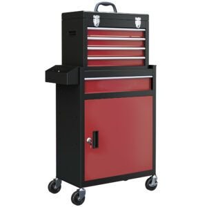 HOMCOM Two-Part Tool Storage Chest on Wheels - Black/Red