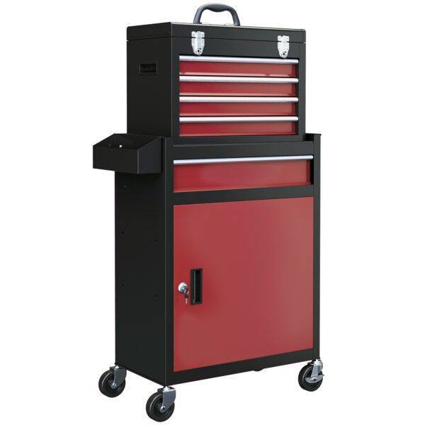 HOMCOM Two-Part Tool Storage Chest on Wheels – Black/Red