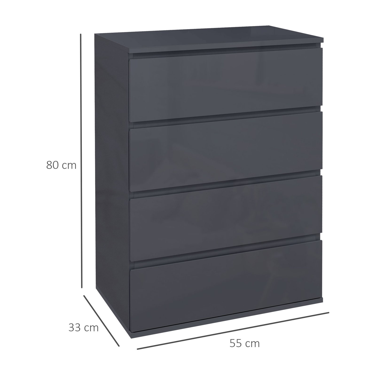 HOMCOM High Gloss Chest of Drawers, 4-Drawer Storage Cabinets, Modern Dresser for Bedroom, Grey - Image 3