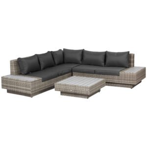 Outsunny 4 PCs Rattan Garden Furniture Outdoor Sectional Corner Sofa and Coffee Table Set  Conservatory Wicker Weave Furniture with Armrest and Cushions - Light Grey