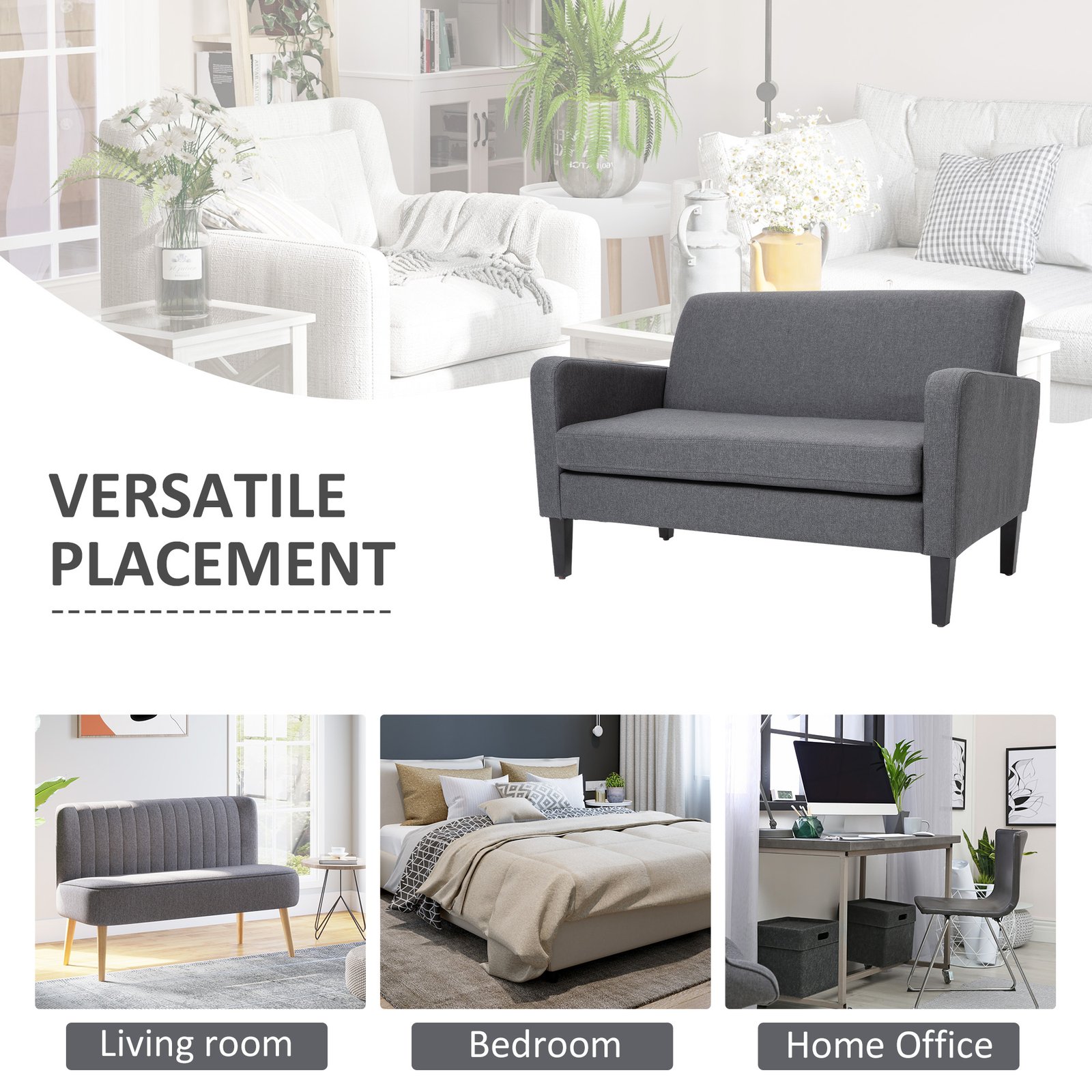 HOMCOM Linen Modern-Curved 2-Seat Sofa Loveseat w/ Thick Cushion Wood Legs Foot Pads Single Compact Home Furniture Grey - Image 7