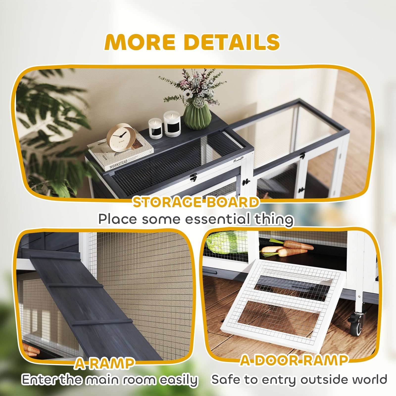 PawHut Wooden Rabbit Hutch with Run, 2-Tier Guinea Pig Hutch with Run, Wheels, 3 Plastic Trays, 2 Openable Top, for 2-3 Rabbits - Image 8