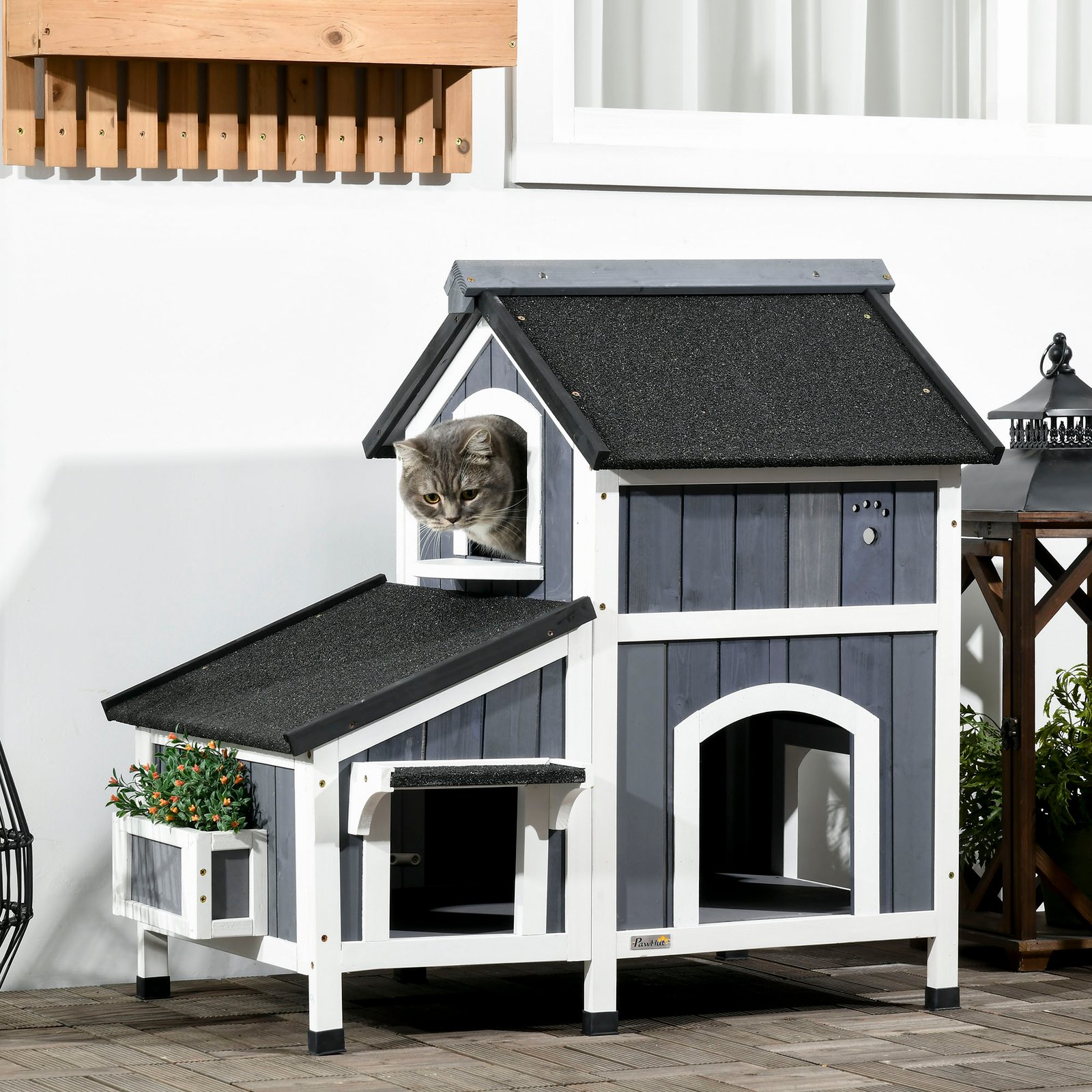 PawHut Wooden Cat House with Flower Pot, Windows, Multiple Entrances, Water-Resistant Roof for Outdoor - Grey - Image 2