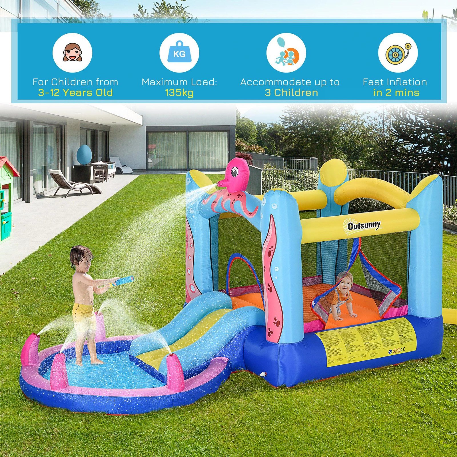 Outsunny Bounce Castle Inflatable Trampoline Slide Pool Octopus Design 3.8 x 2 x 1.8m - Image 4