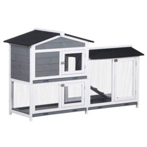 PawHut Wooden 2-Tier Rabbit Hutch w/ Tray Ramp Grey