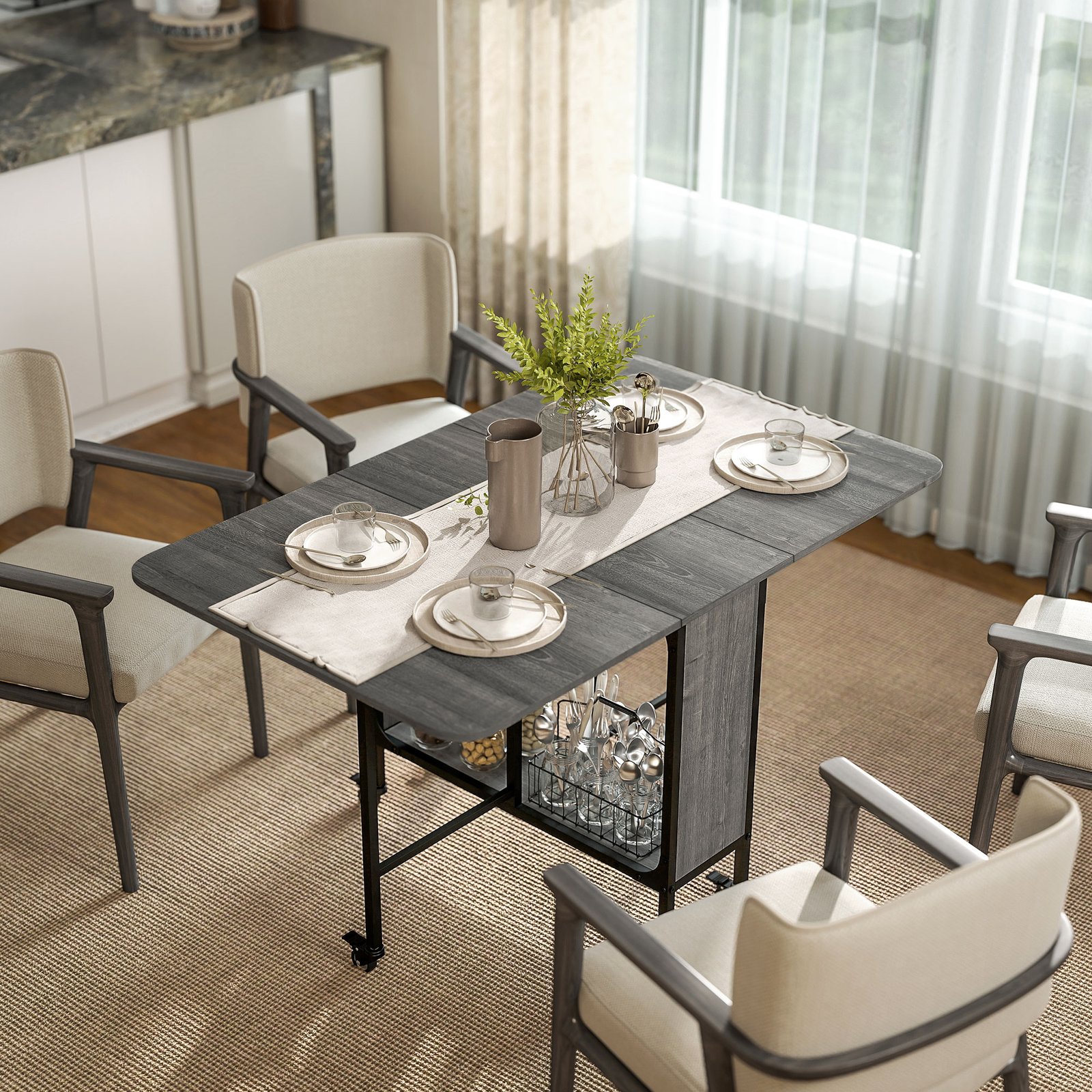 HOMCOM Six-Person Drop Leaf Dining Table - Grey/Black - Image 2